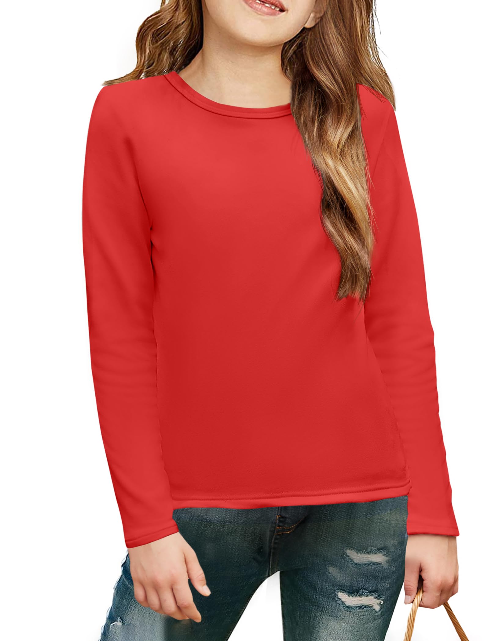 Arshiner Maglietta a Maniche Lunghe da Bambina Girocollo Interno in Pile Top Tinta Unita Pullover Basic Felpa Termica Casual per Bambini Abbigliamento per Bambini 5-12 Anni