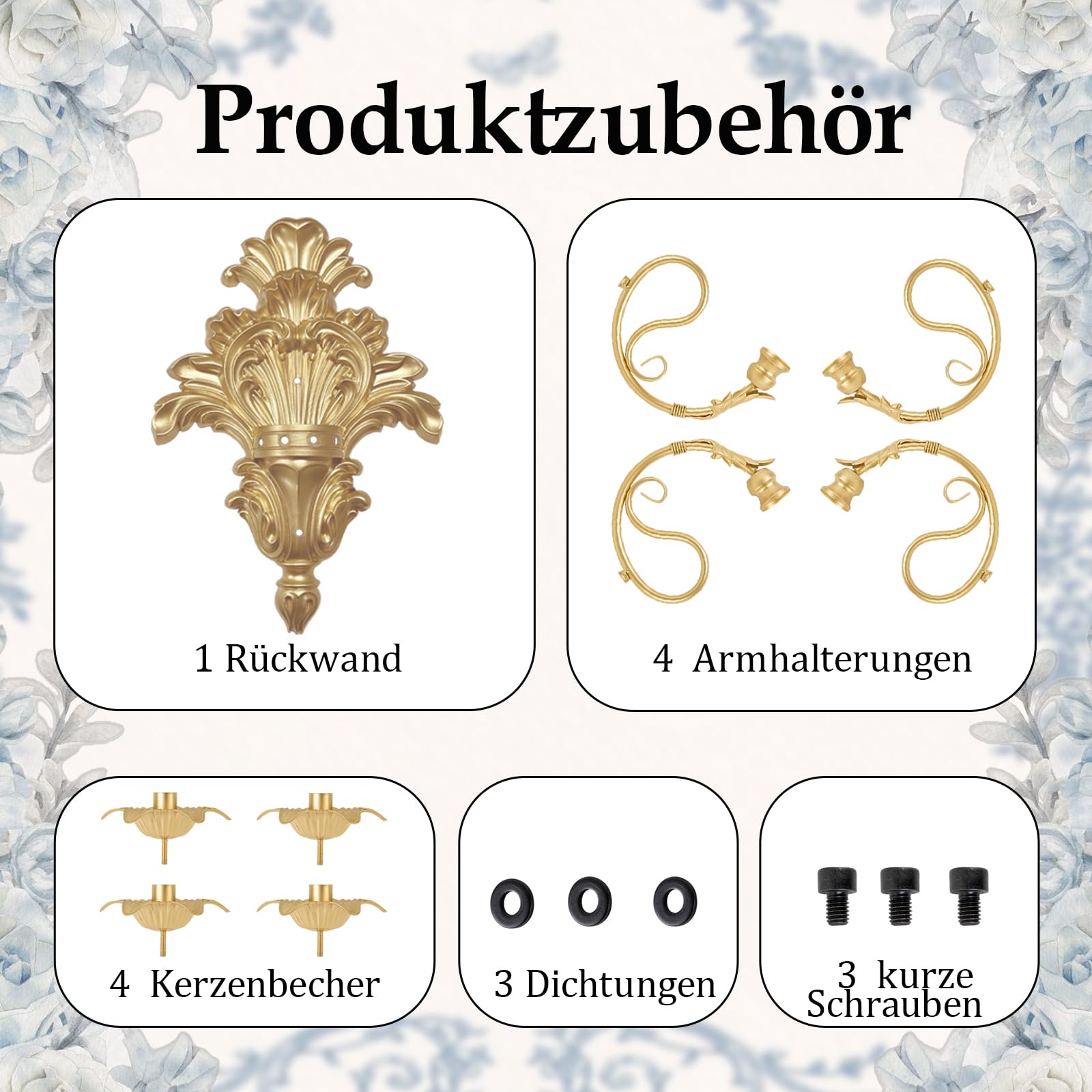 Römischer Brunnen-Wandleuchter, 4-Armiger Barock-Kronleuchter in Gold (antik), Wandmontierter Kerzenhalter für Kerzen, Viktorianisches Rokoko-Dekor für Kamin & Wohnzimmer (1 Stück)