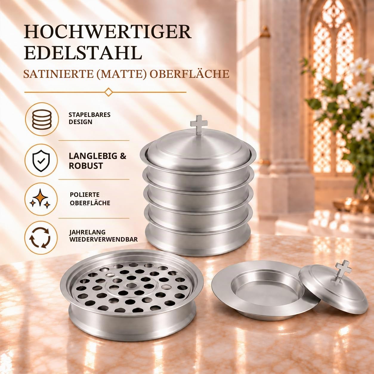 Kommuniongeschirr-Kirchenset | Stapelbar, 2 Kommuniontabletts mit Deckel und 2 Brotteller mit Deckel, 80 Becher enthalten | Ideal für Kirchen | Edelstahl – Satiniertes (mattes) Finish