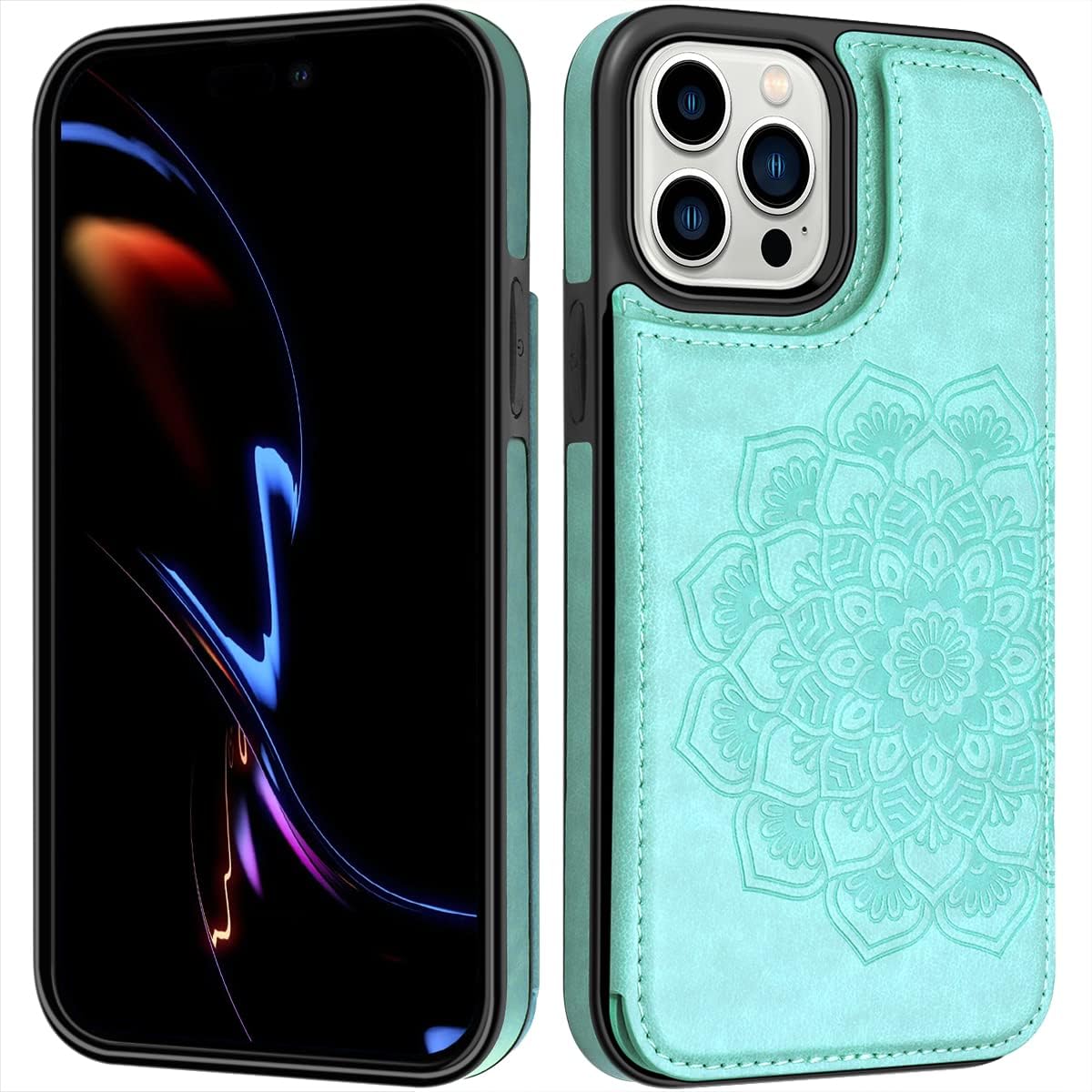 MMHUO for iPhone 14 Pro Case with Card Holder, Flower Magnetic Back Flip Wallet Case for Women, Protective Case Phone Case for iPhone 14 Pro,Mint - Image 7