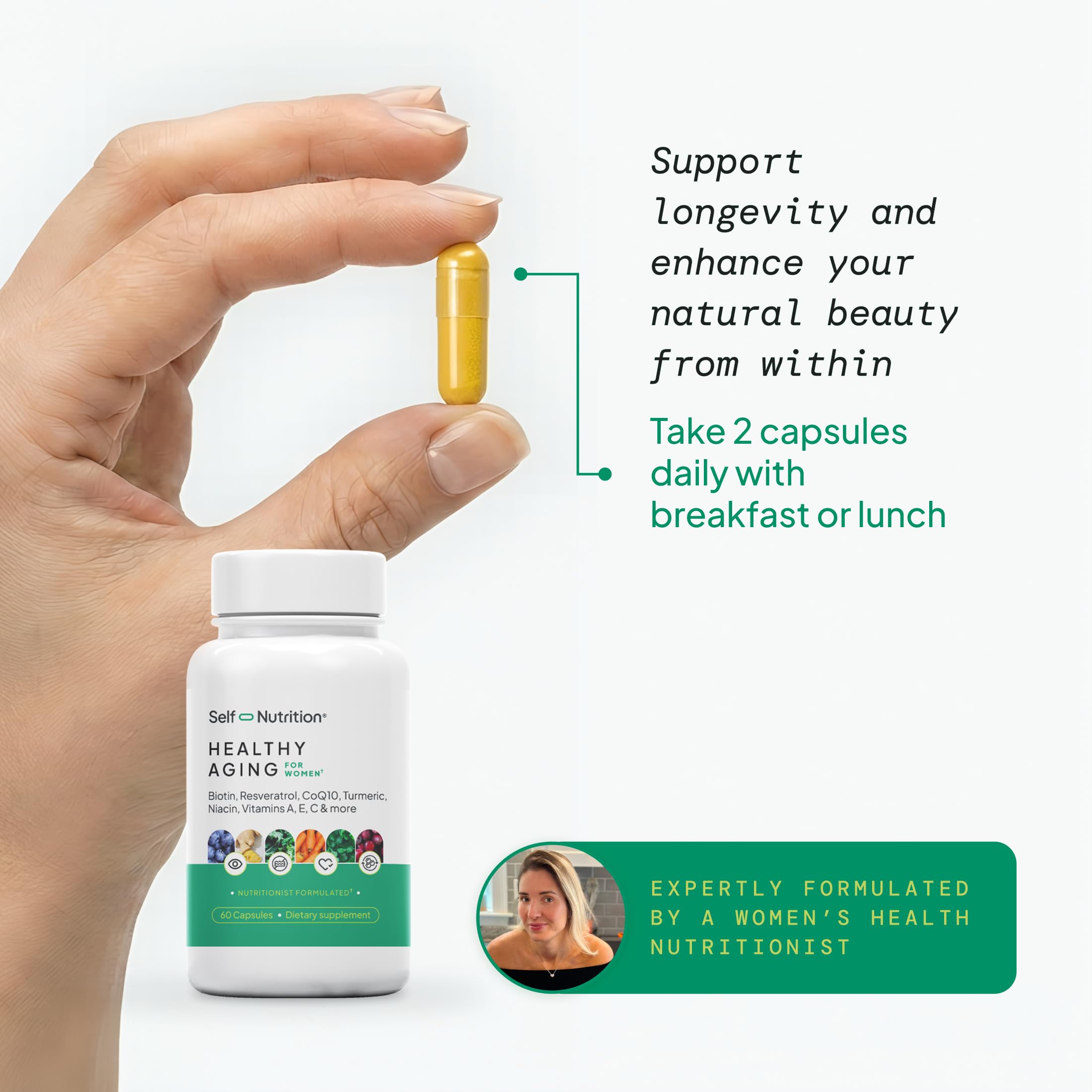 SELF NUTRITION NAD+ Resveratrol Supplement for Women – Healthy Aging Formula with CoQ10, Biotin, Turmeric & Vitamins A, C, E – Supports Energy, Skin & Longevity – 60 Capsules. Made in USA. — Amazon image 4