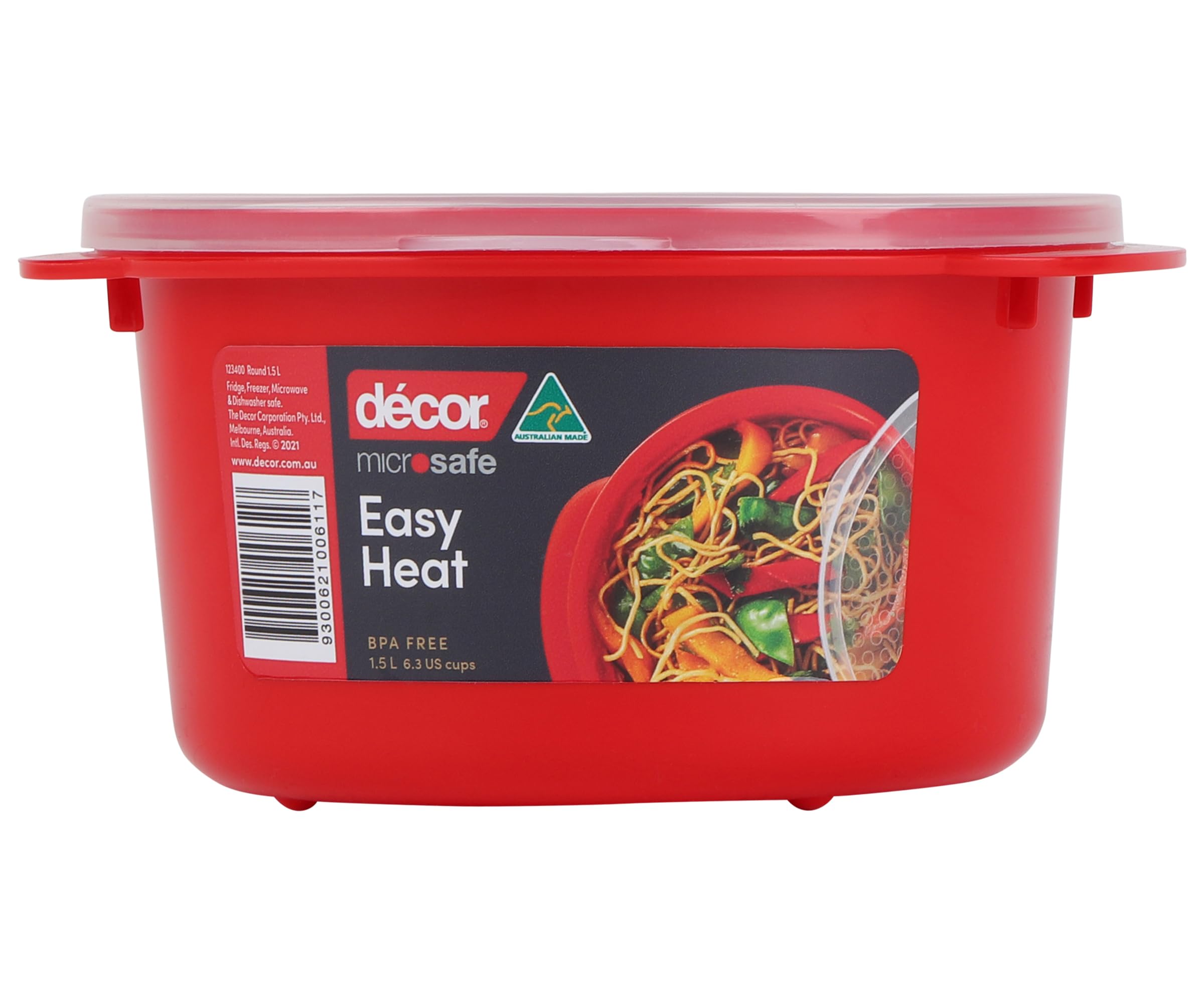 Décor Microsafe 1.5L Round food container. Microwave, freezer, dishwasher safe and BPA Free with air release vent and handles. Master microwave cooking and reheating with Microsafe Red.