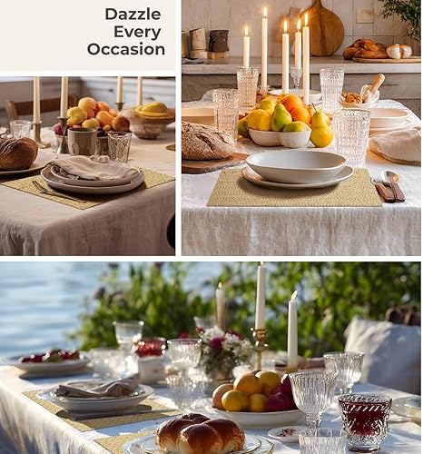 Miniatura 9 de Leetaltree Juego de 4 manteles individuales de lujo con lentejuelas doradas, impermeables, lavables, para bodas, aniversarios, uso diario,
