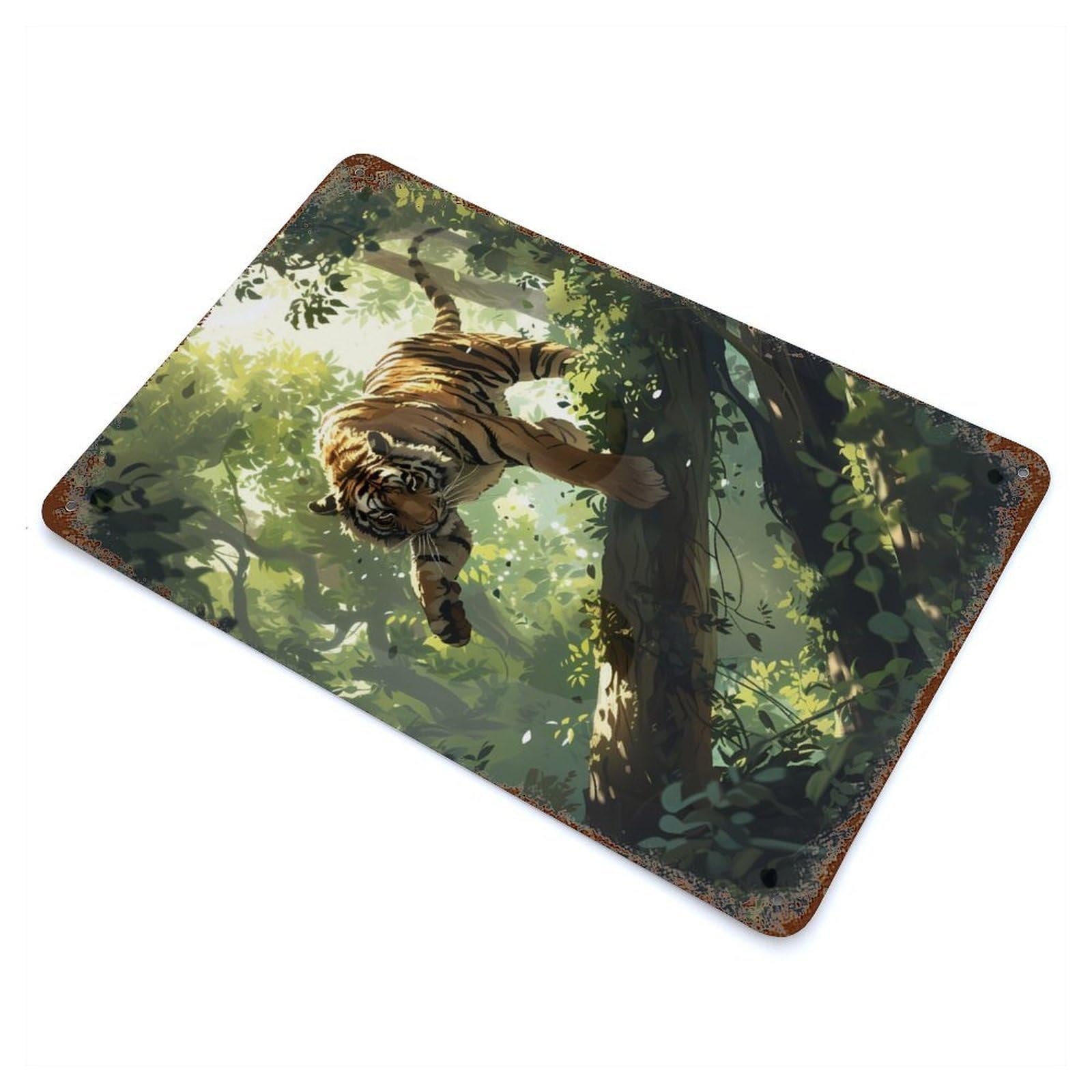 Rusty Metal Tin Sign Dynamic Tiger in Jungle 11.8"x7.9", Industrial Home Decor for Patio, Garden Room And Bar Decor