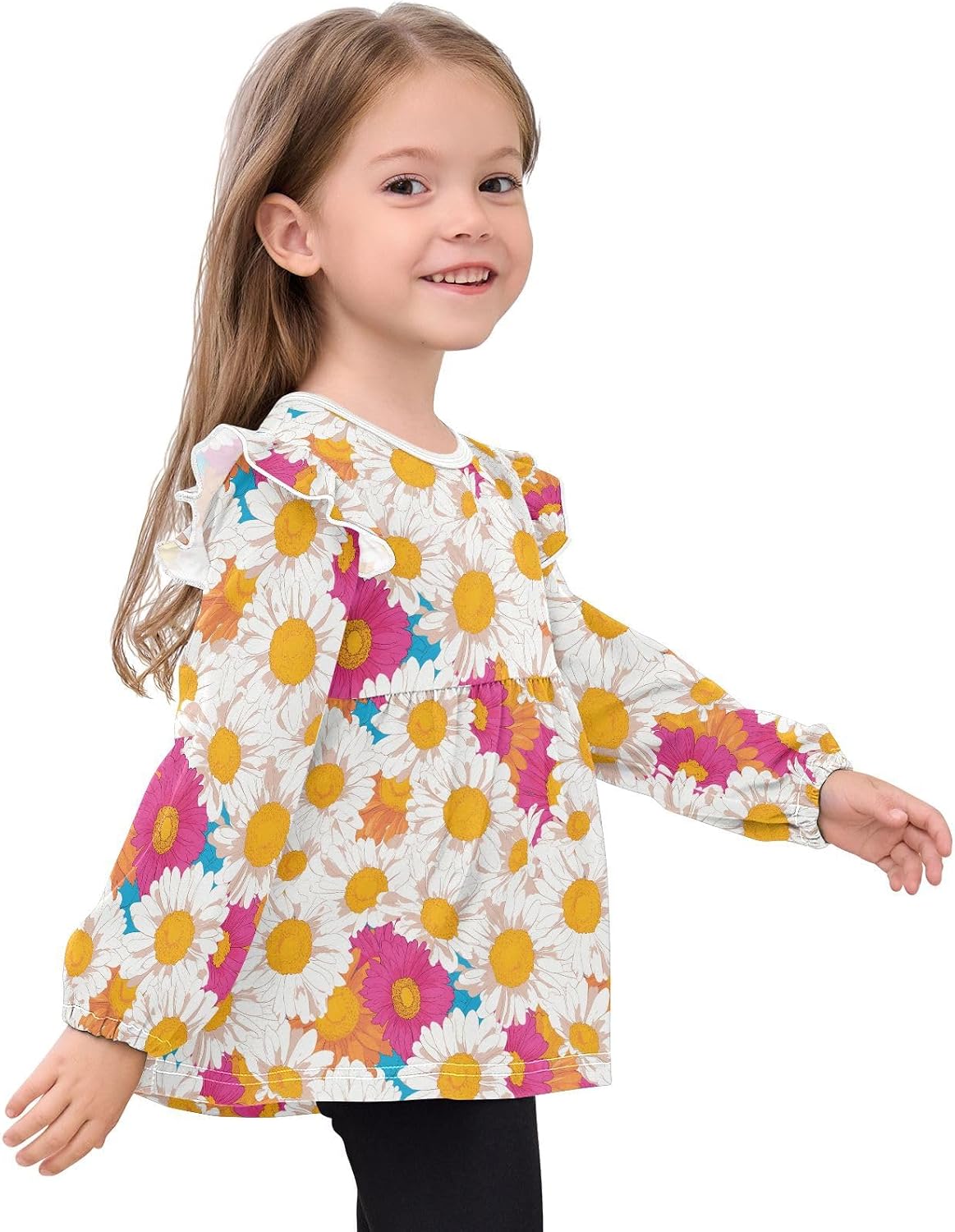 visesunny Toddler Clothes for Girls Gerbera Flower Pattern Long Sleeve Fall Shirts Cotton Top with Ruffle Collar