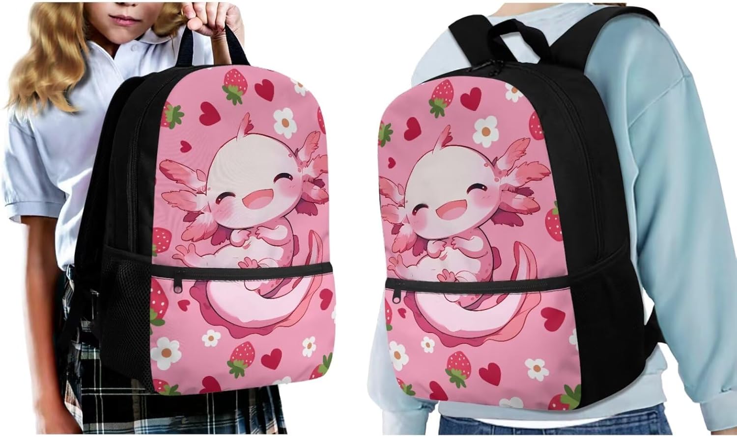 Showudesigns Cute Axolotl Girls Backpack with Lunch Box Set Elementary/Middle School Bag Pink Strawberry Bookbag Lunch Bag Pencil Case Bottle Holder 4Pcs Kindergarten Schoolbag Lightweight Daypack