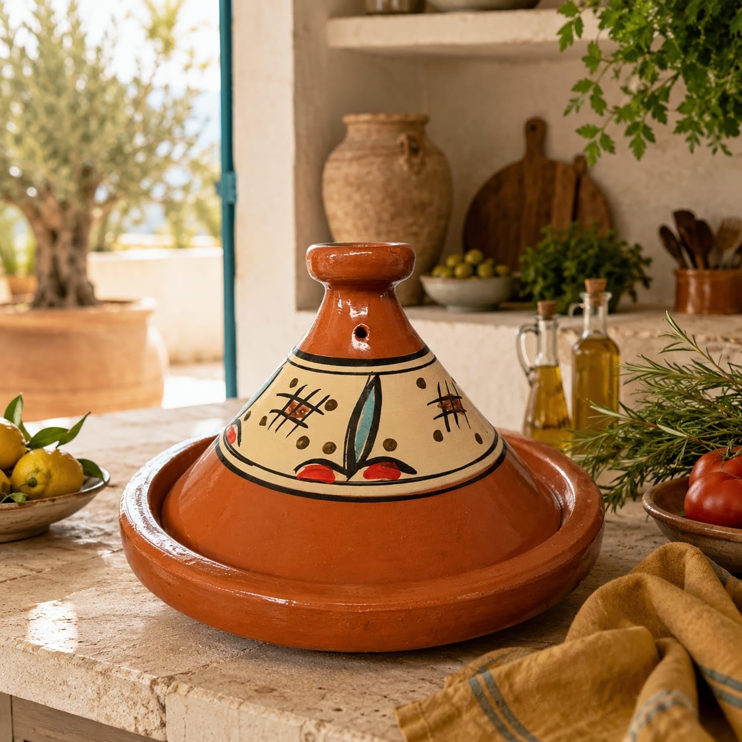 Tajine XL 35 cm Terracotta handbemalt – traditioneller marokkanischer Topf + kostenloses E-Book 0107261108