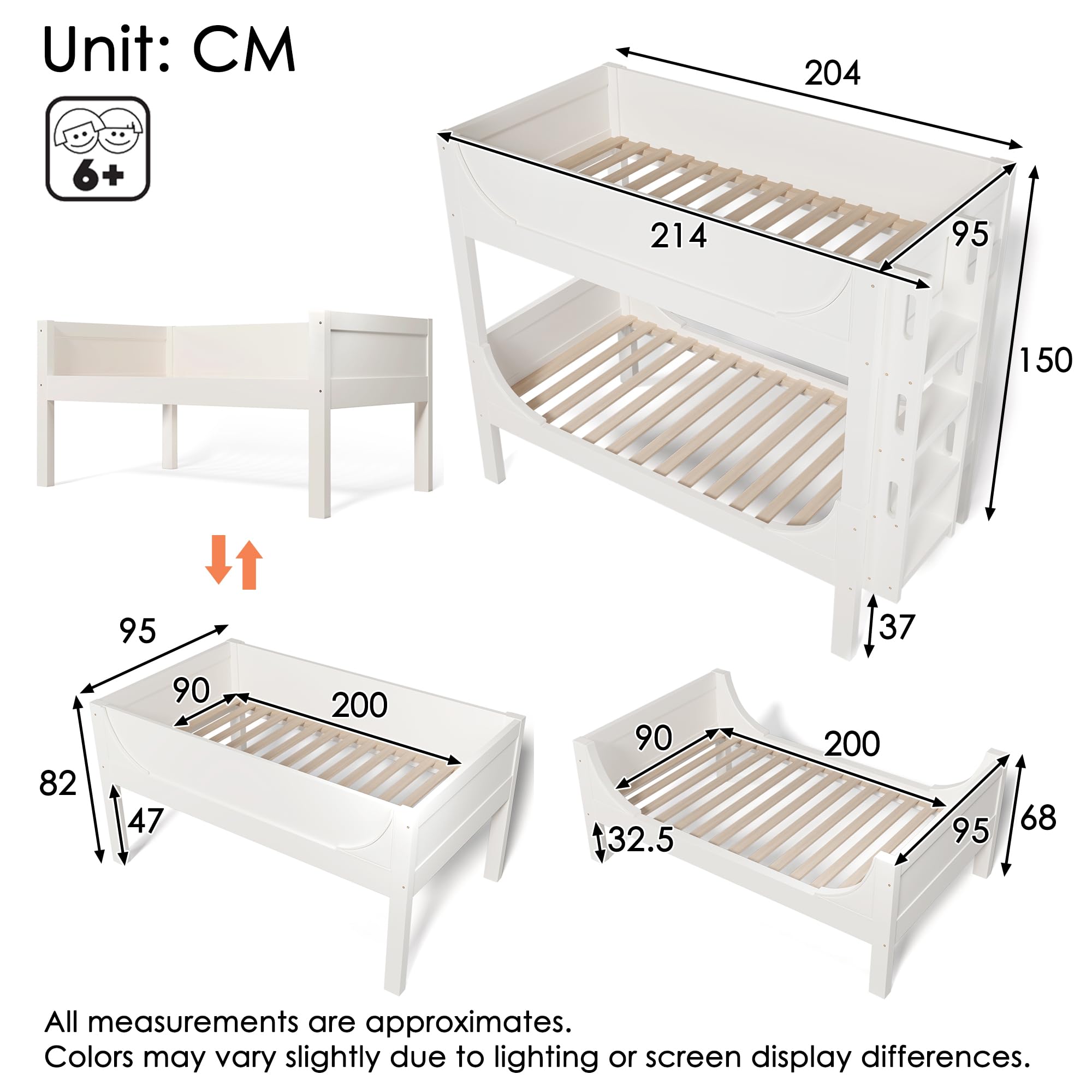 ModernLuxe Trennbares Etagenbett Hochbett 90x200, Kinder Etagenbett mit Leiter am Kopf-/Fußende,aus 1 Bett Werden 2 Einzelbetten, Massivholz, Weiß,ohne Matratze