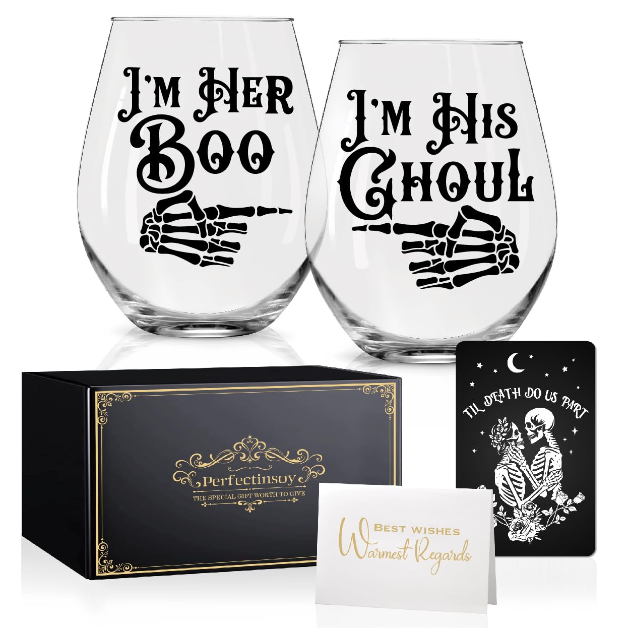 Perfectinsoy Skull Wine Glass 2 Piece with Gift Box Zombie Design Valentines Day Autumn Halloween Anniversary Wedding Gifts