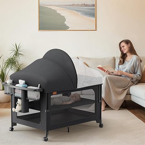 TinyGlow 4 in 1 Baby Bassinet, Pack and Play, Bedside Crib Sleeper, Diaper Changer, Quickly Assembled and Folded Portable Crib with Mattress and Mosquito Net, Easy to Carry