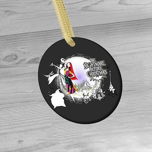 Miniatura 6 de Adorno de Navidad de la pesadilla antes de Navidad adorno redondo de cerámica para árbol de Navidad 28 pulgadas decoración de pintura de doble cara