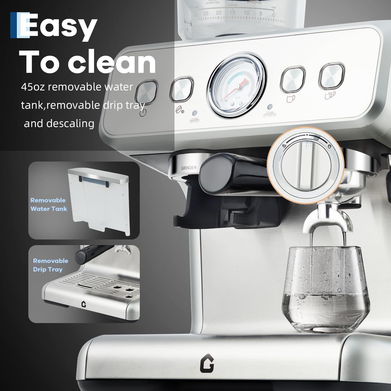Macchina per Espresso Semiautomatica in Acciaio Inox - 15 Bar con Macinacaffè Integrato e Schiumalatte, Serbatoio 1.2L Rimovibile, 30 Regolazioni di Macinatura