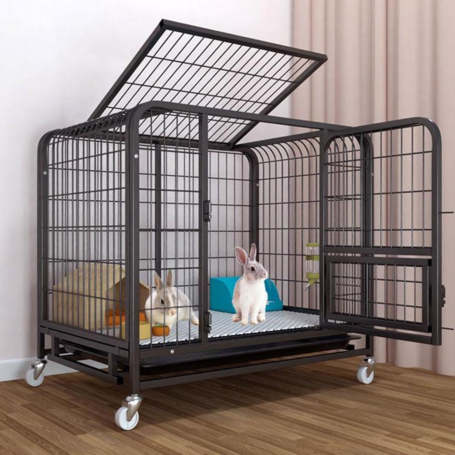Cage d'intérieur portable pour lapins et furets avec enclos noir à roulettes