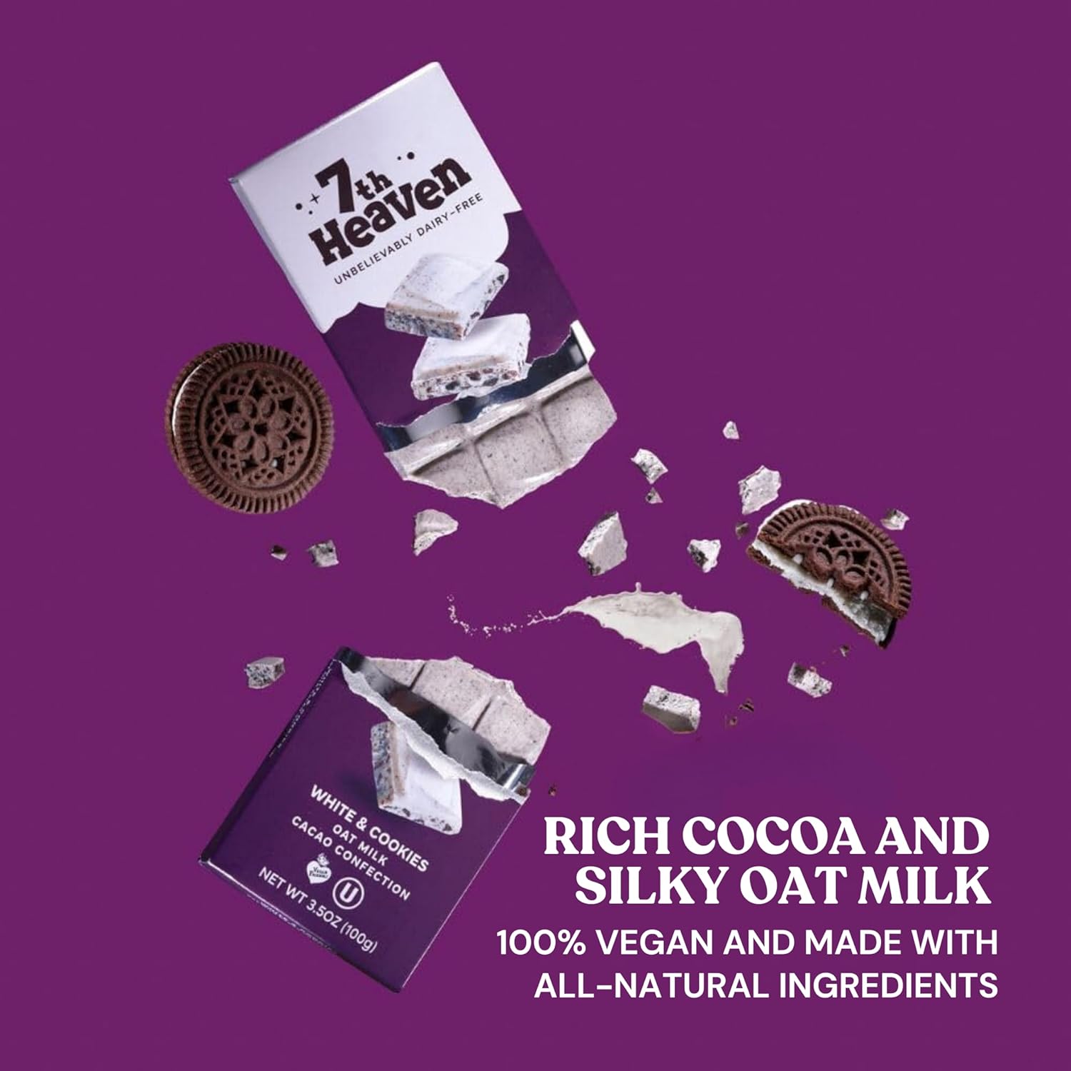 7th Heaven, Vegan Oat Milk Chocolate Bars: White & Cookies - (3.5 oz - 4 Pack), Healthy Chocolate, Perfect Valentines Gift For Your Loved Ones, 100% Dairy Free, Non GMO, Kosher Parve, Cruelty Free, Fair Trade Cocoa