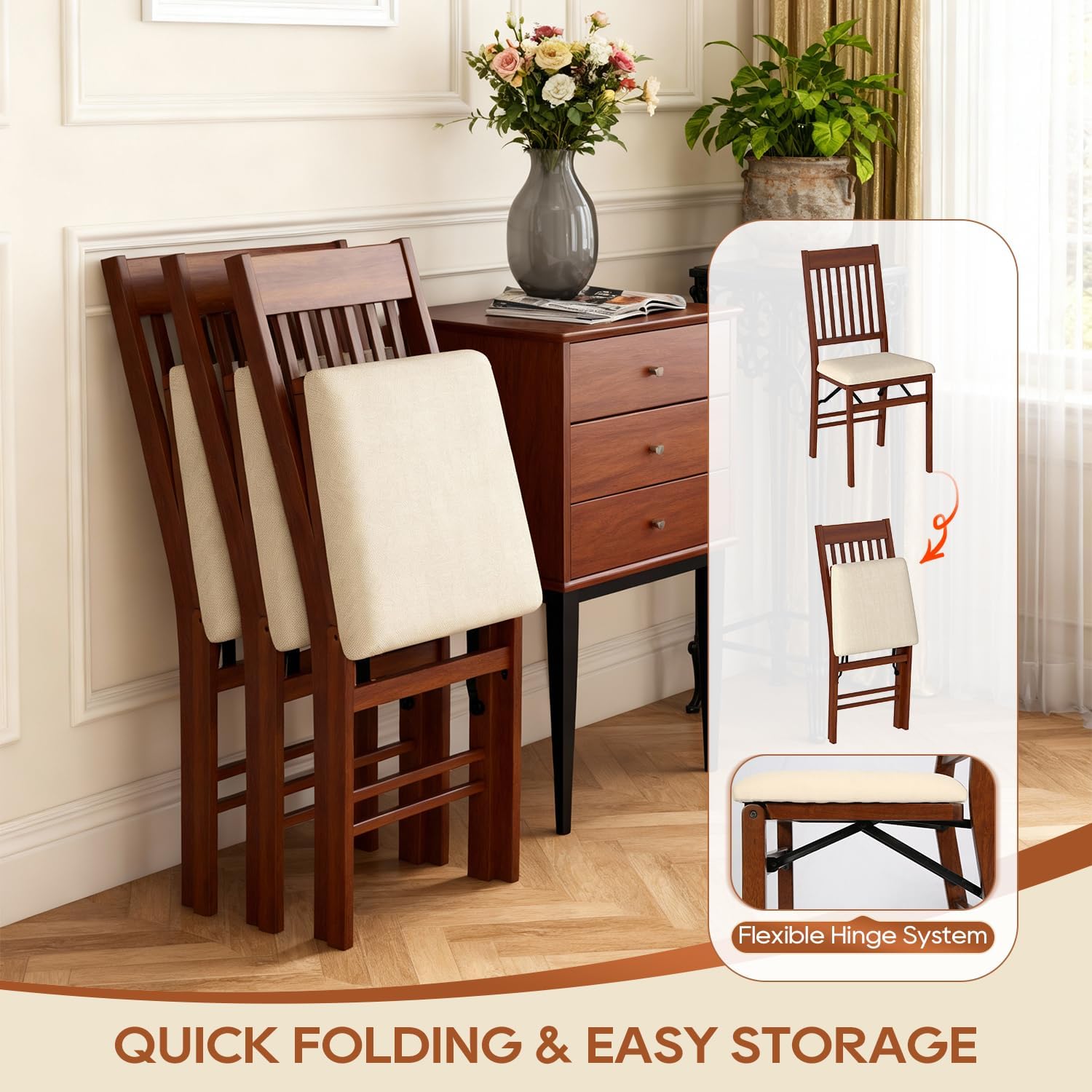 FDW Portable Folding Chairs, Wooden Dining Chairs Set of 2 with Cushion, No Assembly & Compact Design for Kitchen/Dining/Living Room, Brown