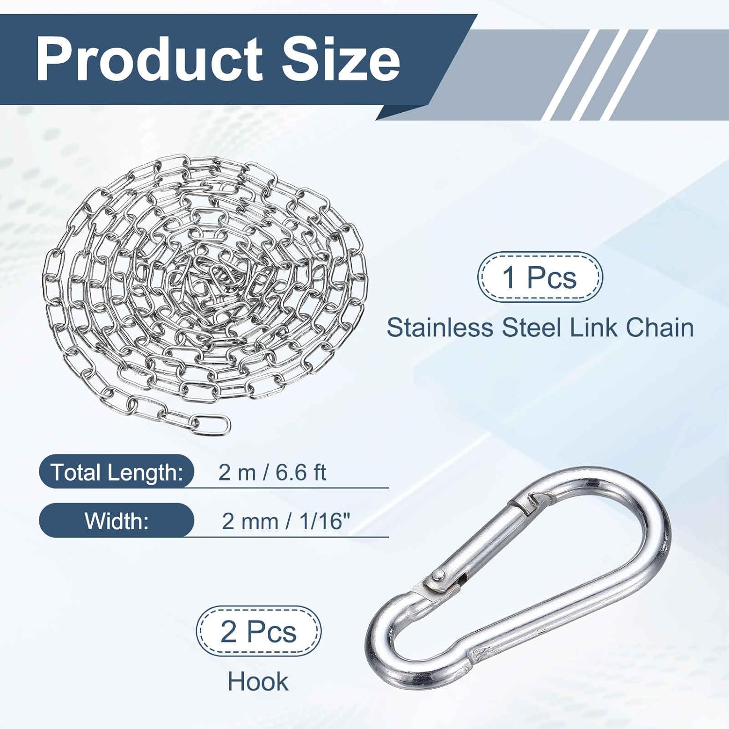 304 Stainless Steel Link Chain with 2 Hook (1/16" x 6.6 ft / 2 m x 2 Mm) - Utility Hanging Coil Chain Link Locking Pulling for Outdoor Fence Pet Dog - Image 2