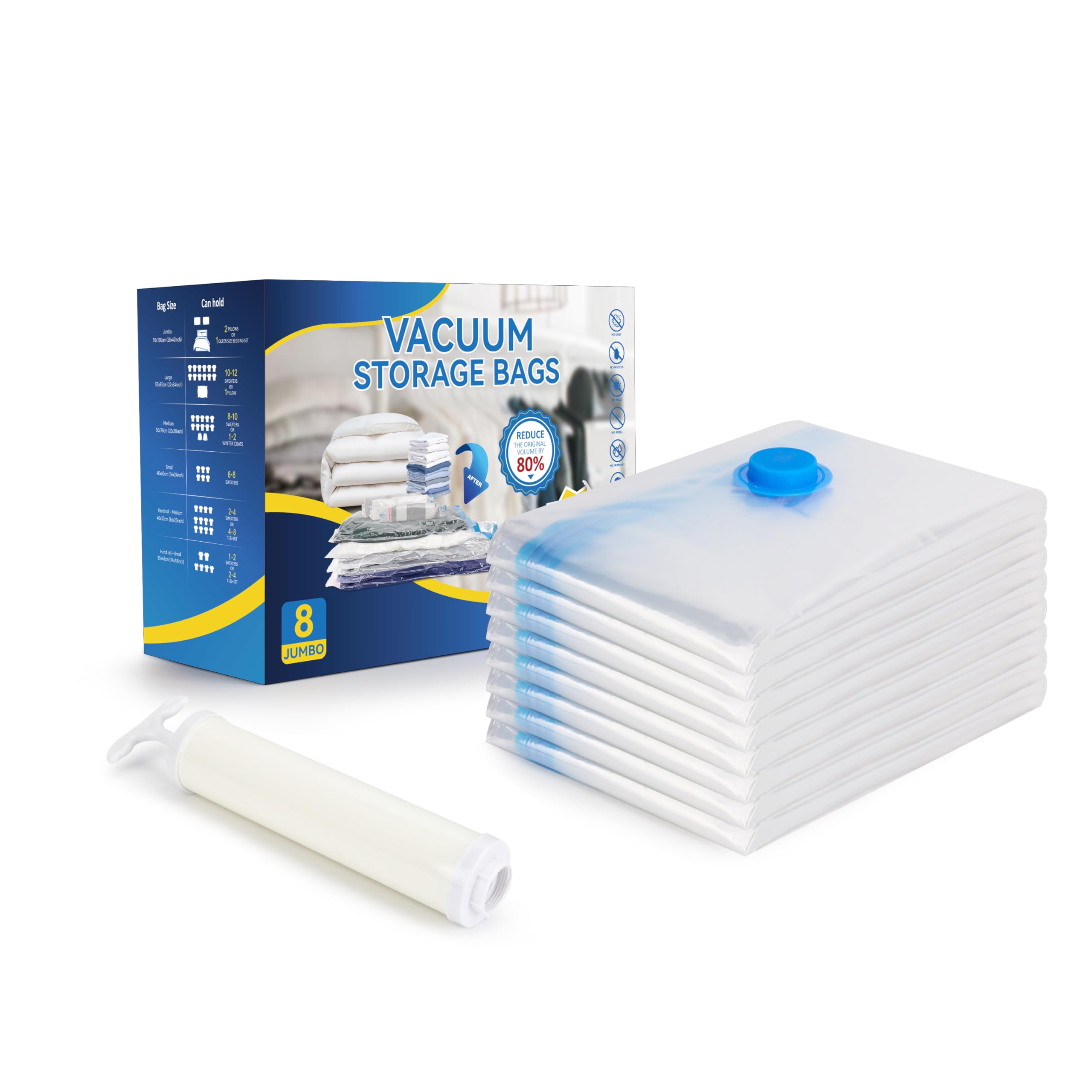 Vacuum Storage Bags for Clothes, Bedding, Duvets and Blankets, Heavy-Duty Space Saver Compression Bags with Airtight Double-Zip Seal, Leak-Proof Reusable Design, Hand Pump Included (8 Jumbo-100x70cm)