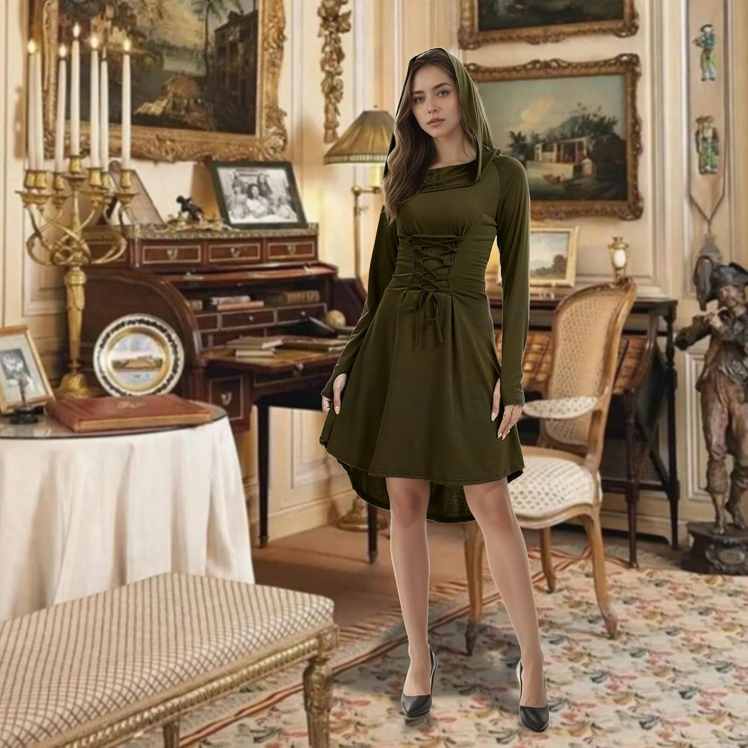 Womens Renaissance Costumes Halloween Costume for Womens Medieval Vintage Hooded Costume High Low Pullover Dress - Image 4