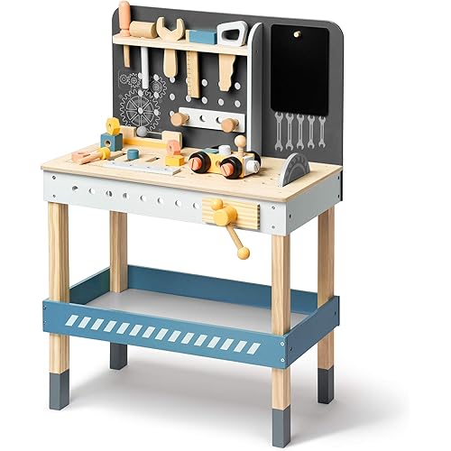 ROBOTIME Kids Tool Bench, Wooden Toy Tool Bench with Realistic Tools and Electric Drill, Kids Workbench for Kids Pretend Play Learning, Toddler Tool Bench Gift for Boys & Girls Age 3-5 (Blue)