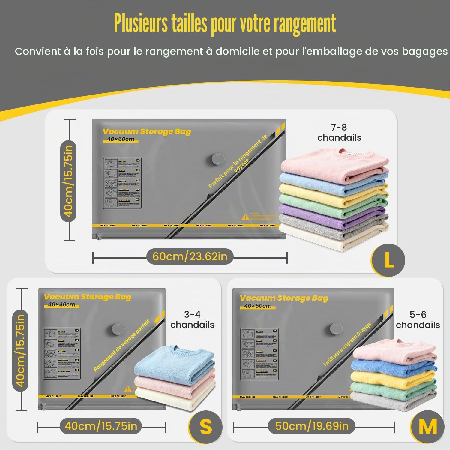 Sac Sous Vide Vetement avec Pompe Sans Fil, 15 Pièces Sac Compression Voyage (5*40x40cm, 5*40x50cm, 5*40x60cm), Gain de 80 % d'espace, Convient pour Les Valises de Voyage et Le Rangement à Domicile