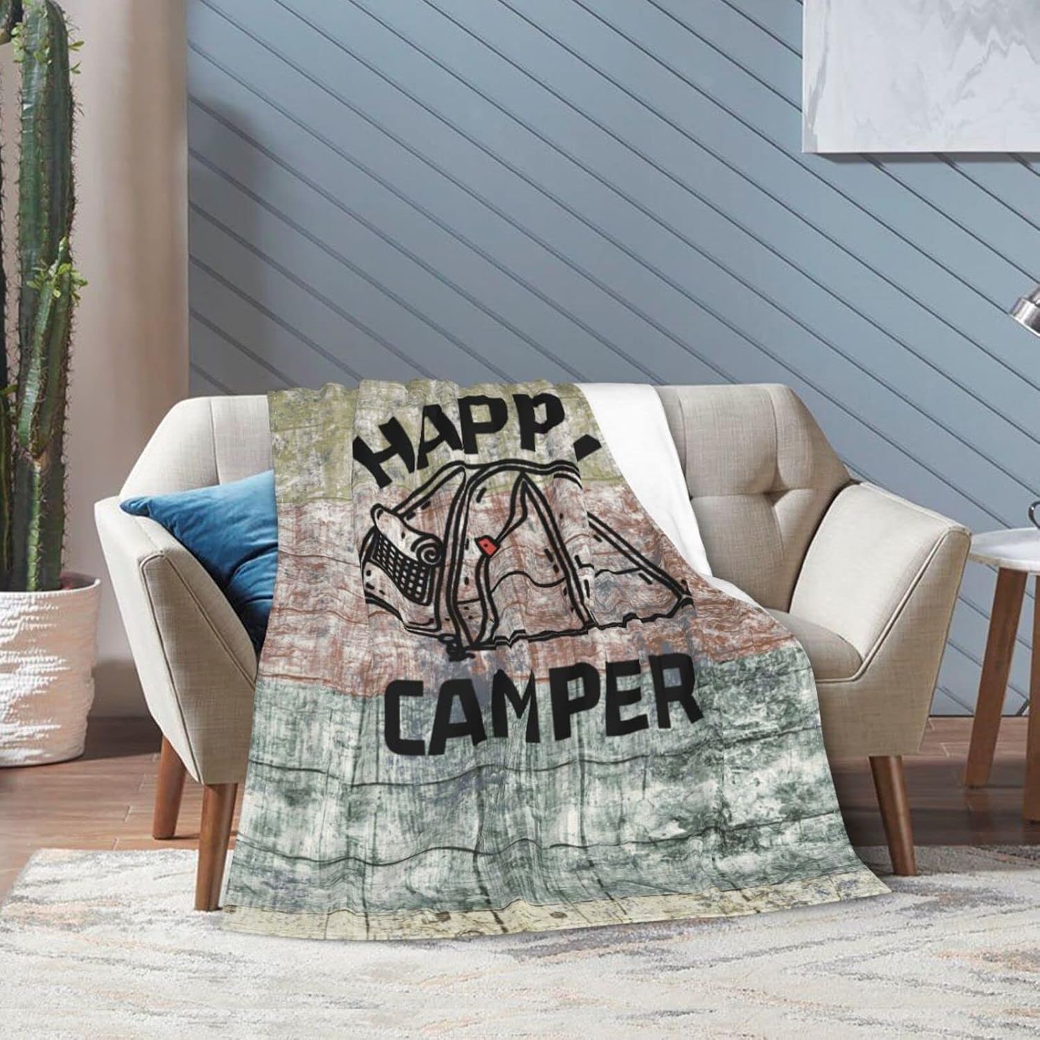 Happy Camper Throw Blanket, Soft Vintage Wooden Door Style Home Blanket Throw , Keep Warm Blankets for Bedroom Living Rooms Sofa Couch, 80x60 inch