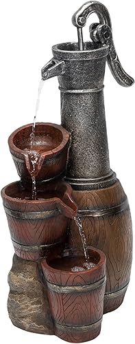 Miniatura 13 de Alpine Corporation ZEN576S - Bomba de agua de diseño rústico para exteriores y fuente de suelo de barril, letrero de bienvenida, 24 pulgadas de