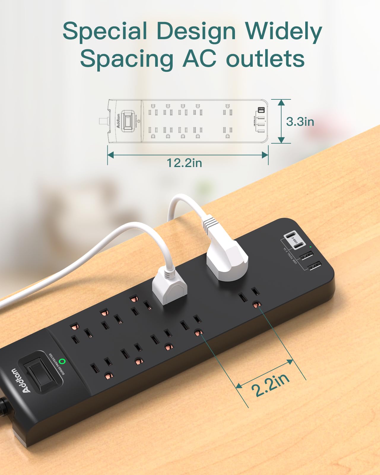 nchufes Pared con Interruptor, Enchufe Multiple 3 USB, Ladron Enchufes Plano 3600W 16A, Alargador Pared 0.6m Cable Corto