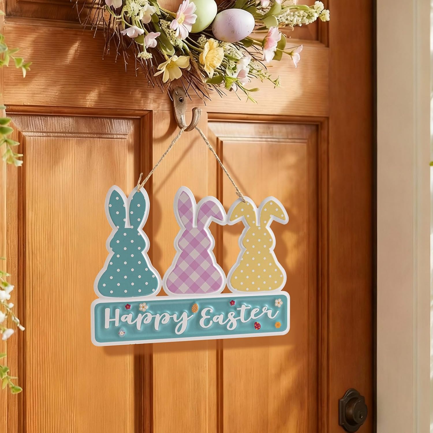 Metal Happy Easter Door Hanger Sign, Easter Bunny Wall Hanging Front Door Decor, Spring Rabbit Decorative Signage Plaque Outdoor Indoor Decorations for Home - Image 5