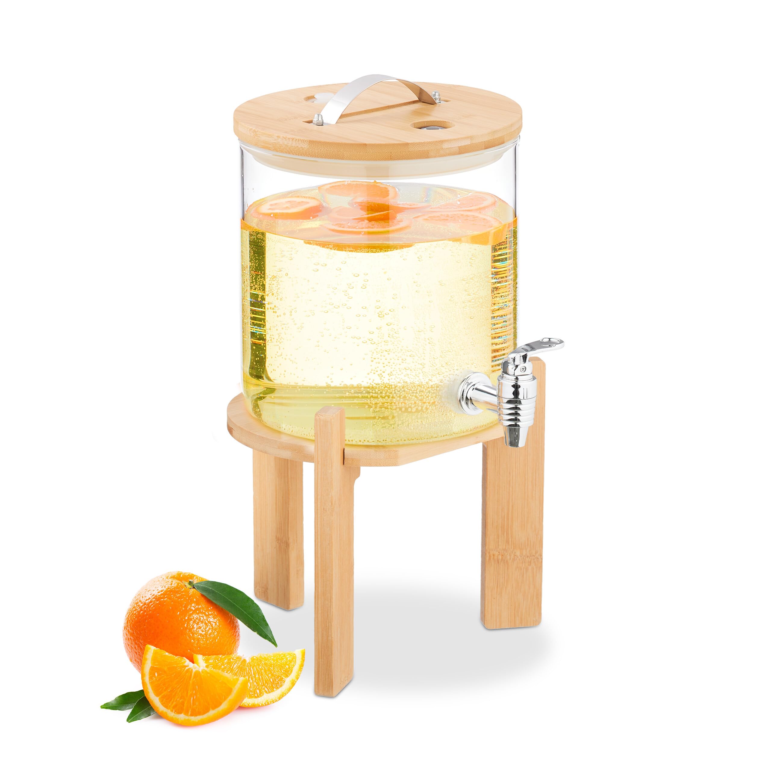 Relaxdays Clear/Natural Drinks Dispenser, 5 Litres, Cold & Hot Beverages, Bamboo Stand, Thermometer, Glass Punch Jar,