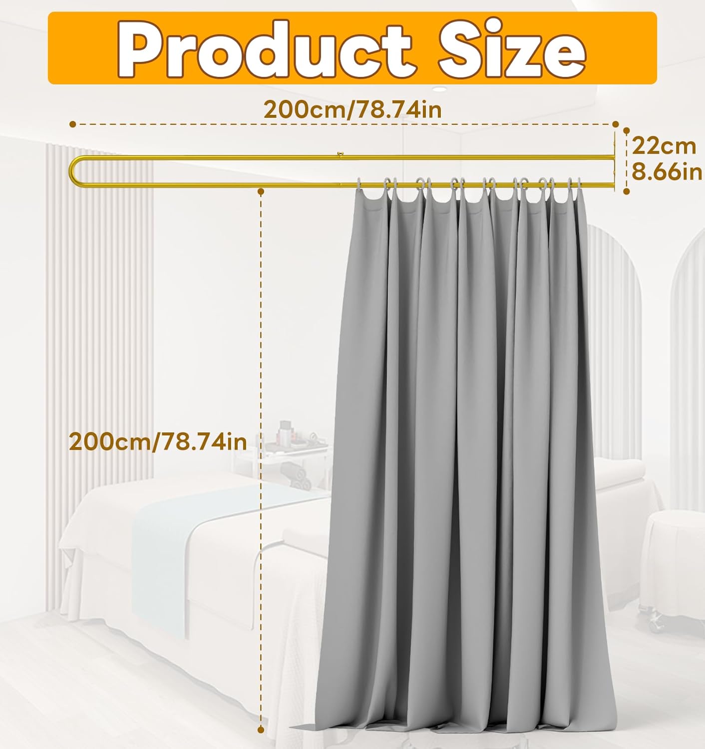 U-Shape Privacy Partition Curtains, Wall-Mounted Room Divider with Metal Support, 6.56ft Medical Curtain for Bedroom, Beauty Salon, Fitting Room, DIY Setup