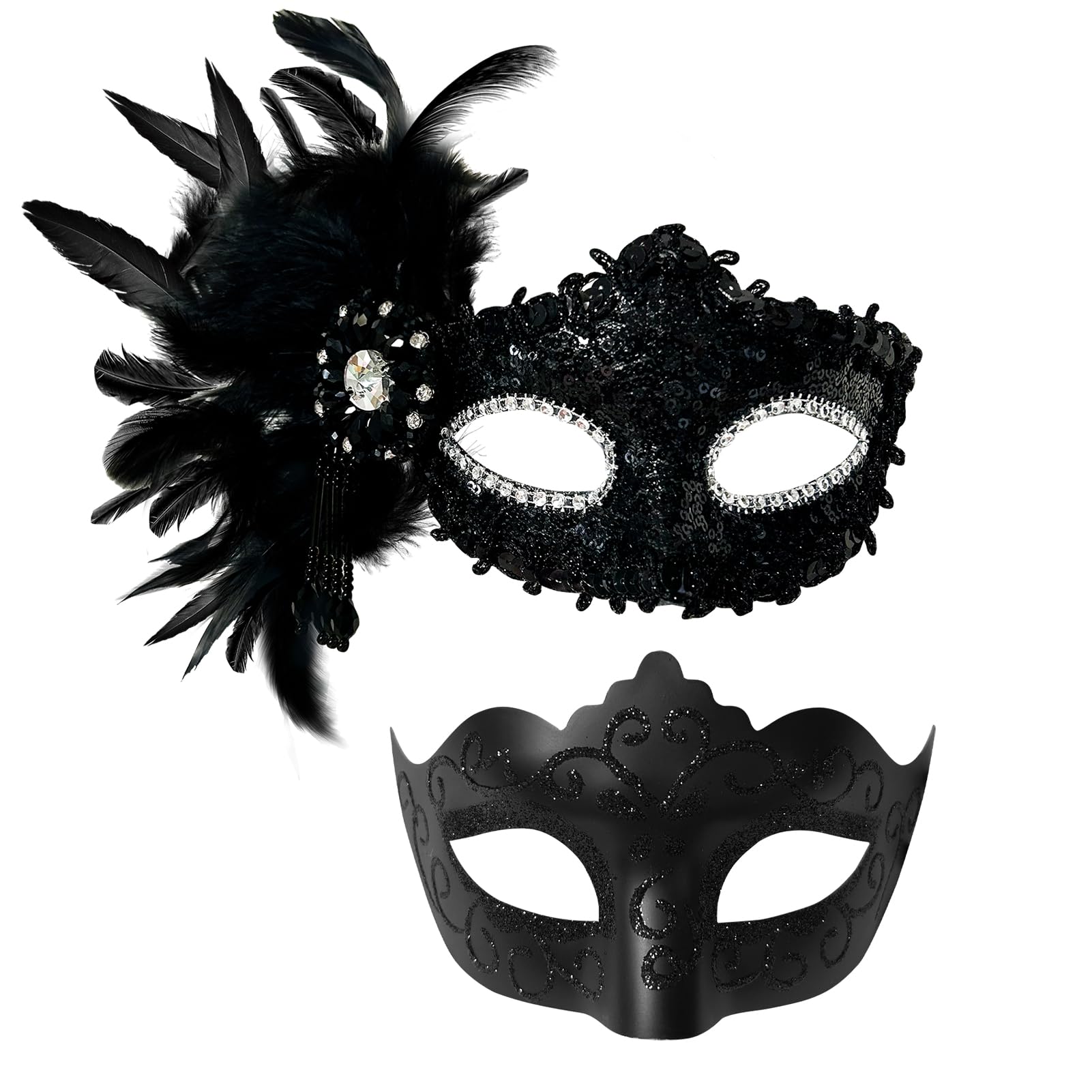 Allruyee 2025 New Masquerade Mask for Couple - Masquerade Mask Women with Feathers & Venetian Mask Men for Mardi Gras Party(Black)