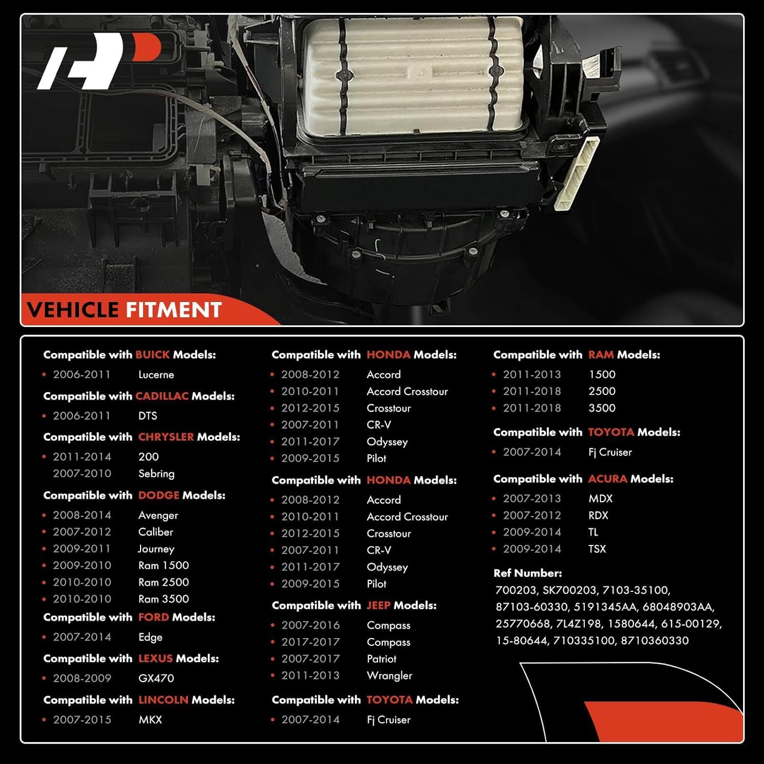 A-Premium Front HVAC Heater Blower Motor Compatible with Honda Accord Odyssey CR-V & Ford Fusion Edge & Ram 1500 2500 & Acura MDX RDX & Chrysler 200 Sebring & Lincoln MKX & Jeep Wrangler & Lexus