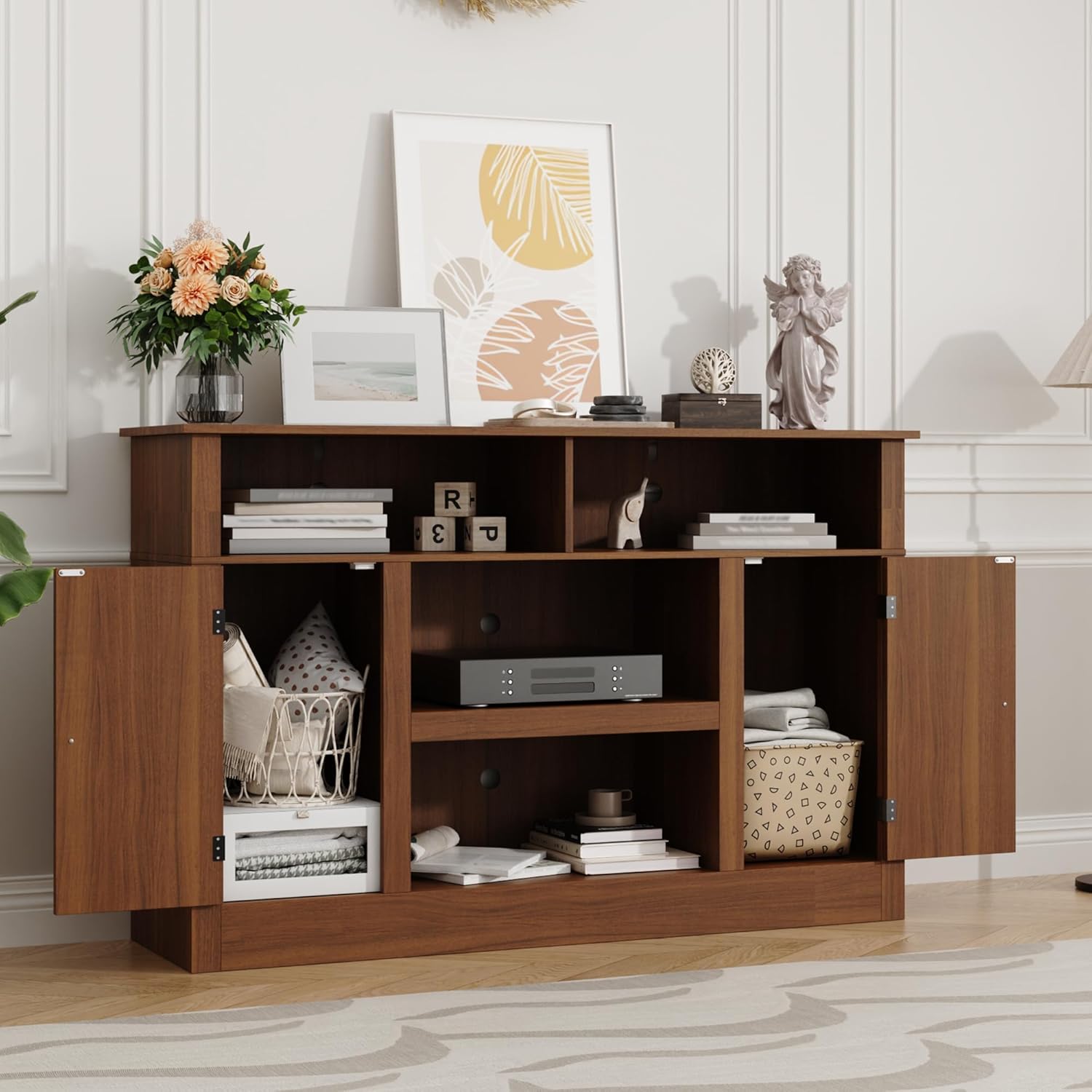 Farmhouse TV Stand for 65 inch TV, Modern Entertainment Center for 55/60/65 inch TV, with 2 Doors and Storage Cabinets, Console Table and Media Furniture for Living Room, 55 Inch, Walnut - Image 4