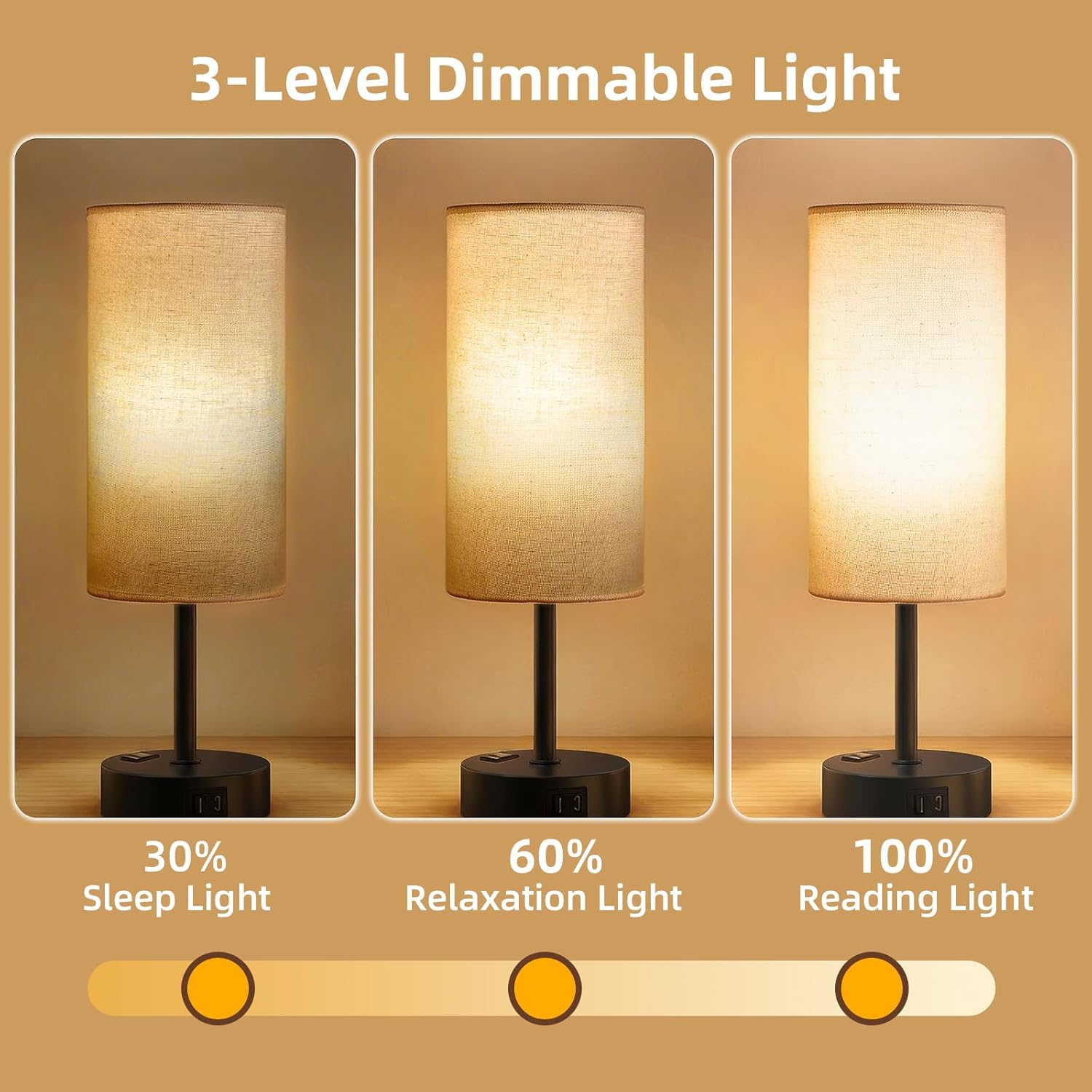 Table Lamp for Nightstand, High-Sensitivity Touch, 3-Level Dimmable Bedside Lamp with AC Outlet | USB | and USB-C, Ideal Night Stand Lamp for Bedroom, Reading, Living Room (Beige&Black)