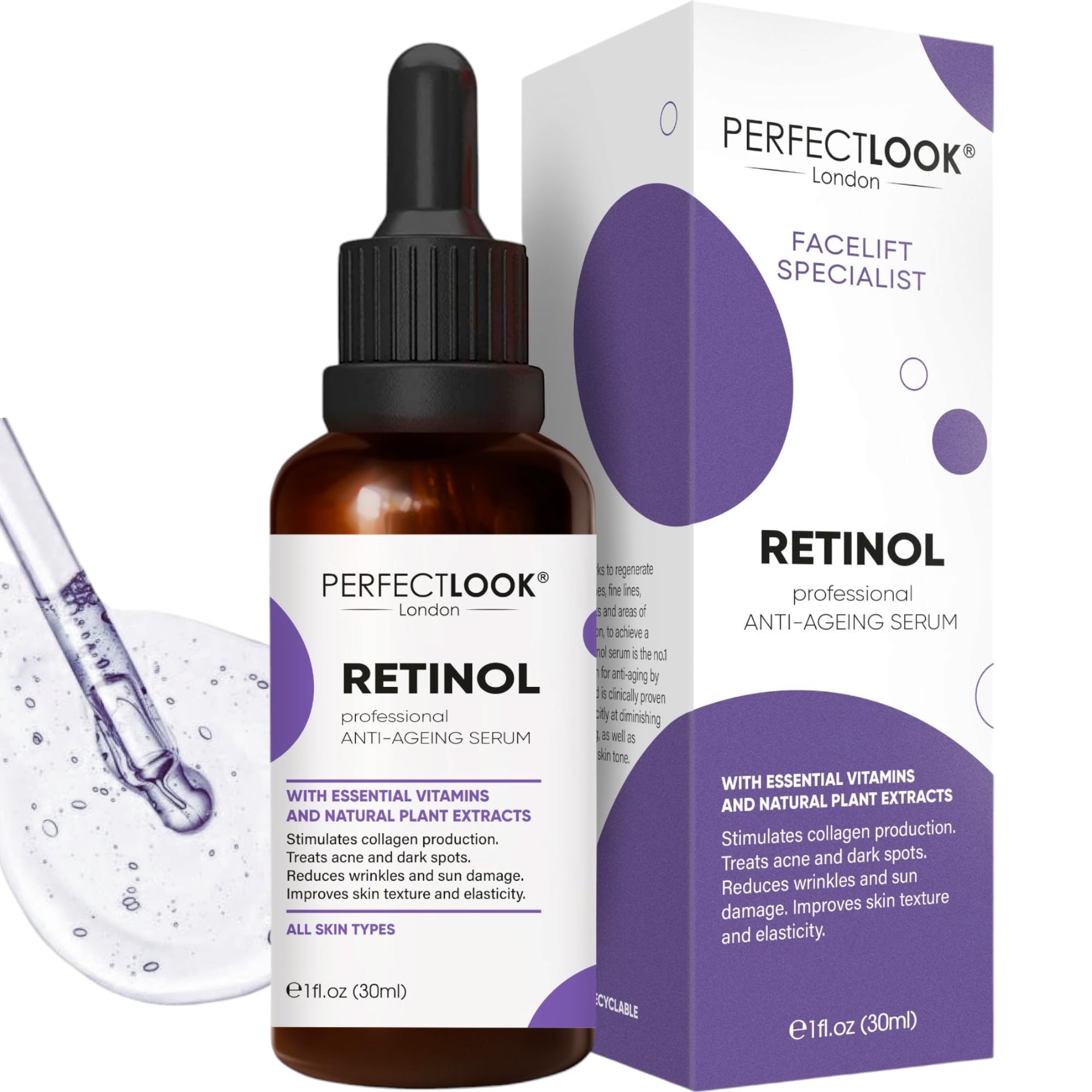 PERFECT LOOK LONDONRetinol Serum 0.25% – Anti-Aging Night Treatment for Sensitive Skin – Fades Wrinkles, Acne & Dark Spots – with Hyaluronic Acid & Vitamin E (30ml)