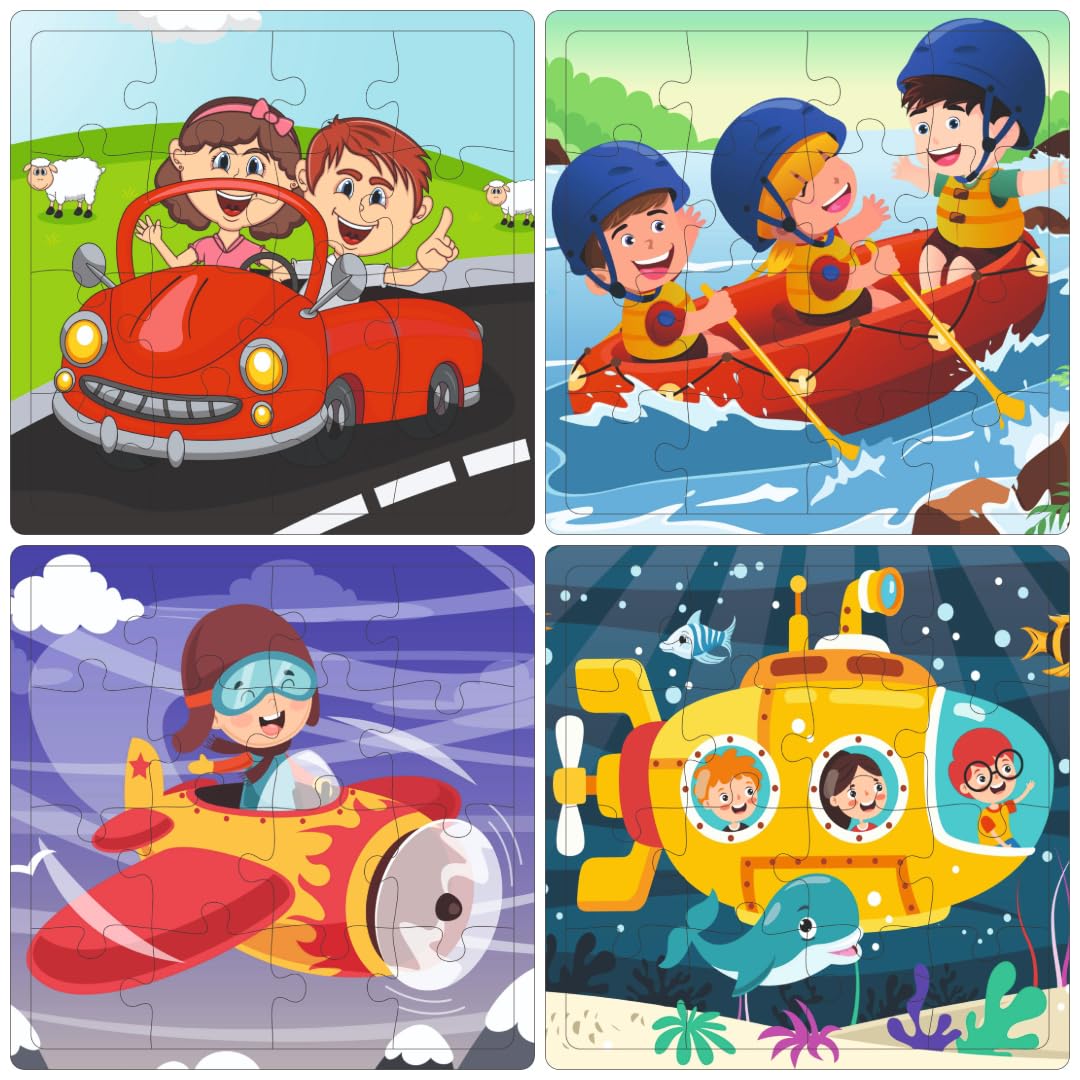 Fiddly's 16-Piece Wooden Jigsaw Puzzles for Kids Ages 3+, Double Layered Wooden Puzzles with Bright Front & Back Print (Vehicles World Pack of 4)