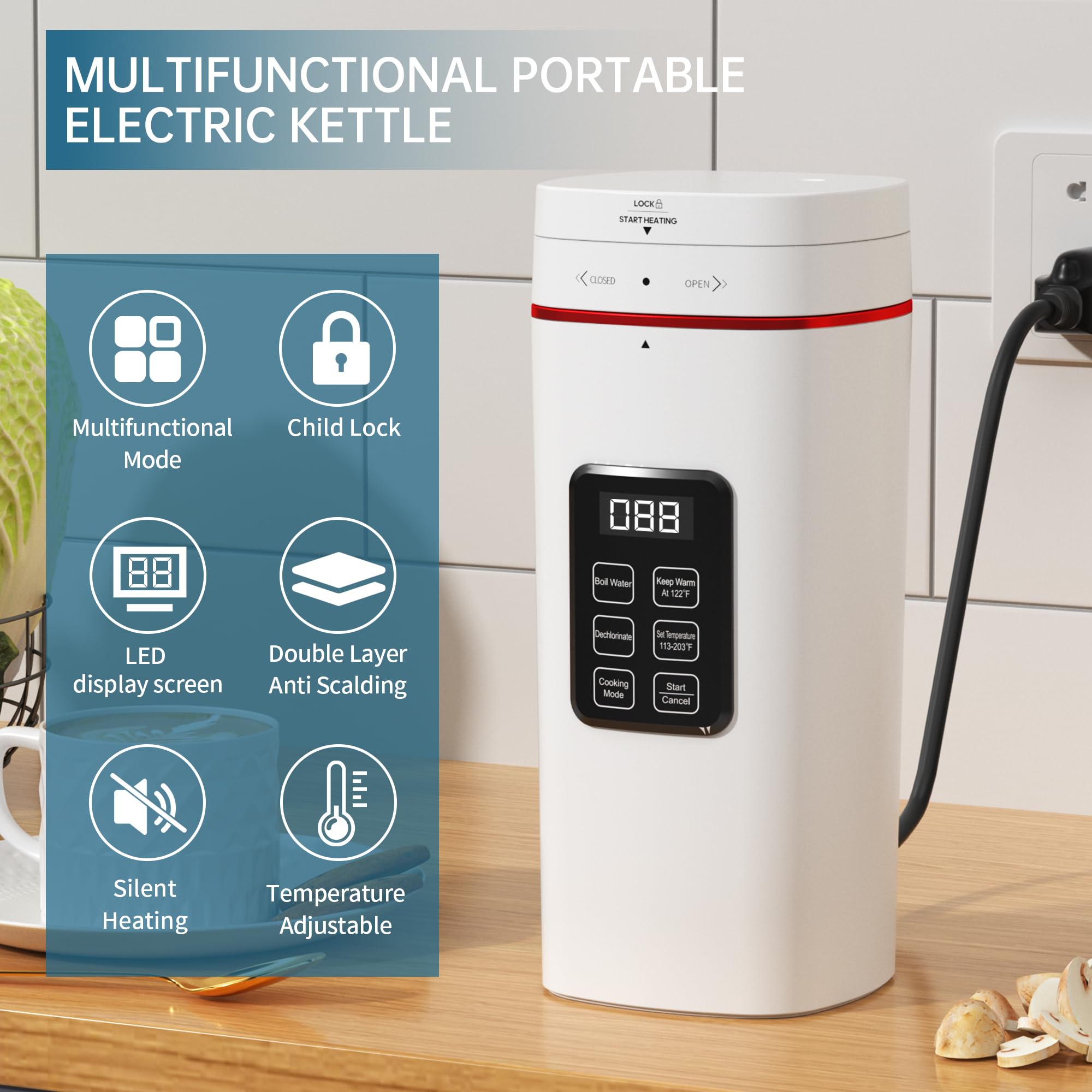 Kingbull Travel Electric Multifunction Kettle Portable 500 ml,304 Stainless Steel,LED Display Screen,Temperature Adjustable,BPA Free, Child Lock, Auto Shut off