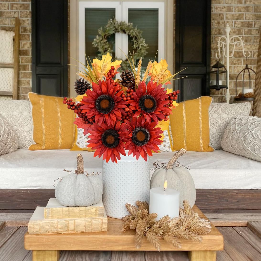 Briful Set of 2 16in Fall Burgundy Sunflower Picks and Sprays with Pinecones Berries Maple Leaves Artificial Fall Floral Branches Stems for Autumn Home Wedding Party Vase Centerpieces Decor - Image 7