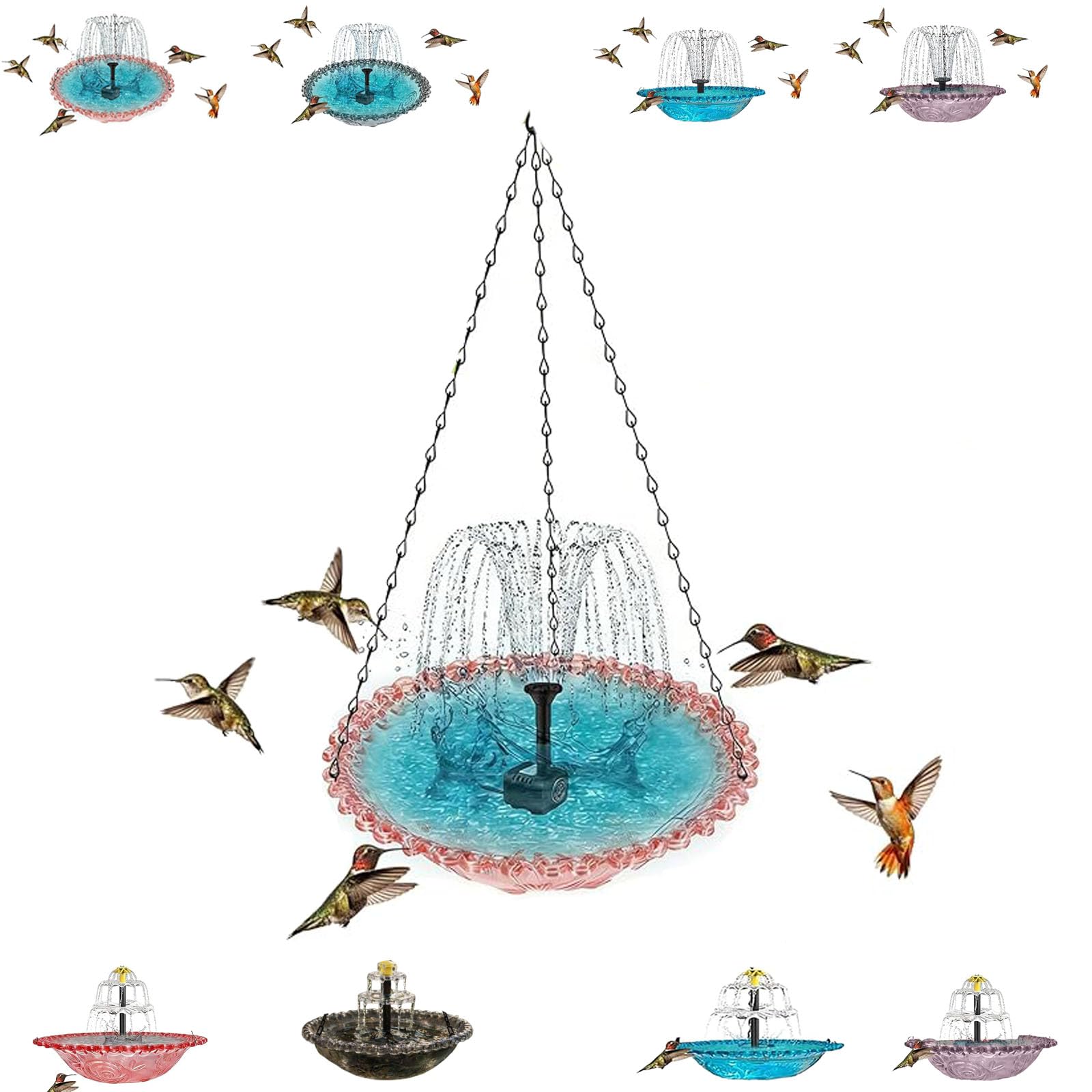 Solar Cascade Hanging Bird Bath Fountain, Outdoor Hanging Bird Bath with Solar Fountain, Hanging Humming Birdbath with Solar Pump, Hanging Water, Attracts Hummingbirds & Wild Birds (Blue,A) — view 11