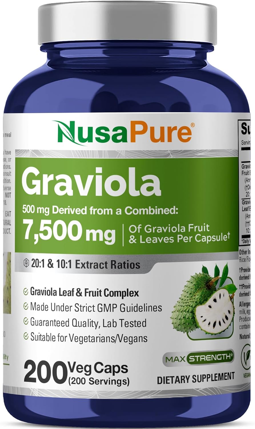 NusaPure Graviola 20:1 & 10:1 Extract - Suitable for Vegetarian/Vegan, Non- GMO - 7500 mg - 200 Capsules