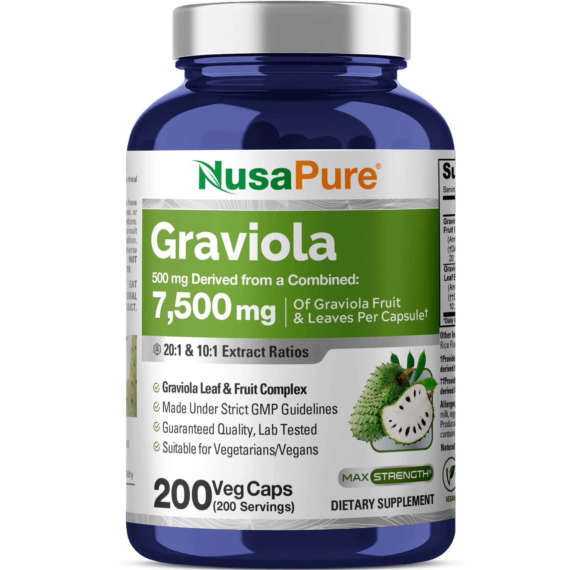 NusaPure Graviola 7,500 mg Equivalent per caps 200 Veggie (Non-GMO, Extract 20:1)