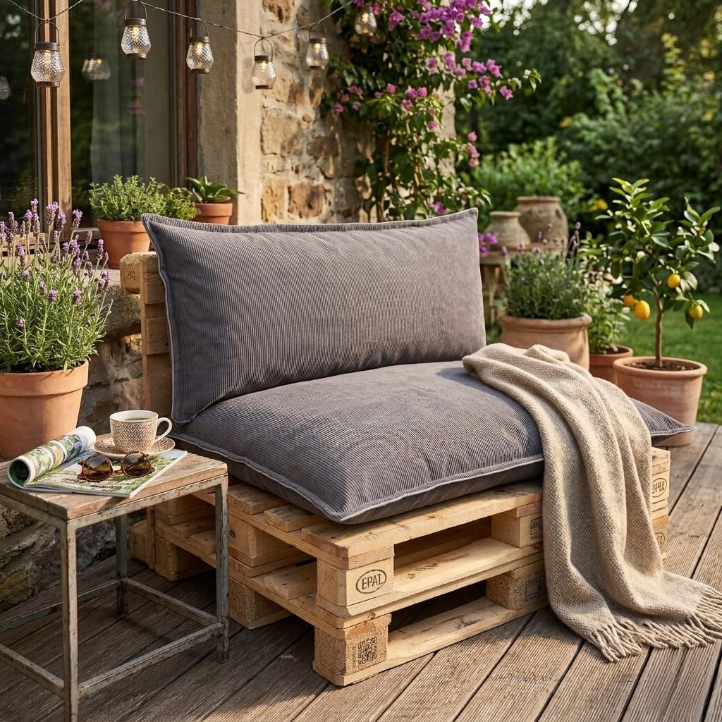 TexDeko® Cord Palettenkissen 120x80x18 cm 2-TLG Set, Anthrazit | Weicher Cordstoff, wasserabweisend, UV-beständig, waschbarer Bezug, Indoor & Outdoor Palettenpolster, 320 g/m² Stoffgewicht