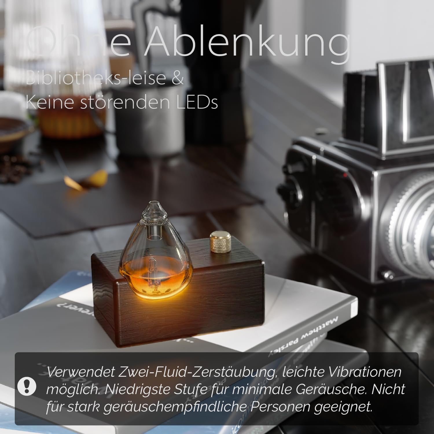 Black Obsidian Aroma Diffuser ohne Wasser für Aromatherapie | Rauchglas Vernebler & Dunkler Holzsockel, Plastikfrei und BPA-frei, Wiederaufladbar & 7-10 Tage Akku, Duftreichweite 60 m²