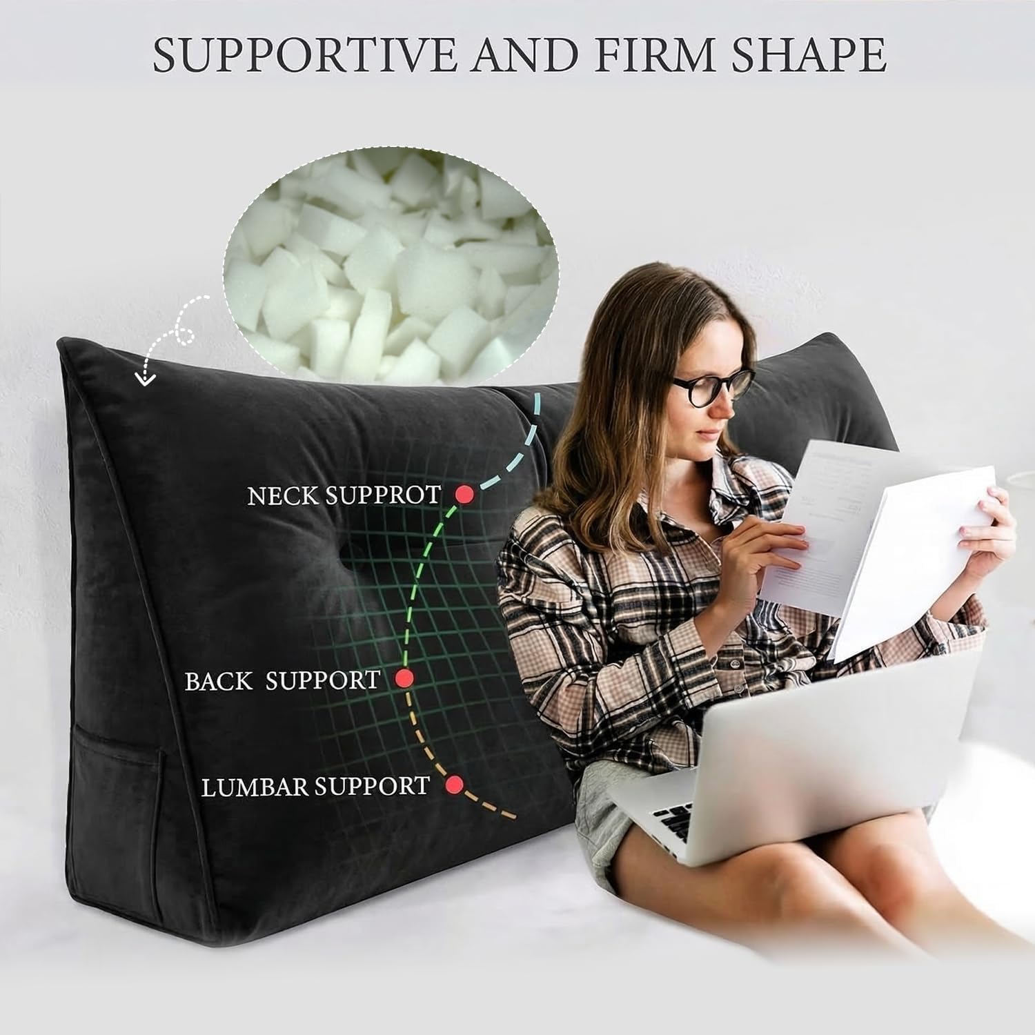 Headboard Pillow - 3 in 1 Large Bed Pillow as Wedge Reading Pillow, Large Couch Daybed Pillow or Positioning Support Backrest, Shredded Foam Back Support Pillow with Velvet Cover Full Gloss