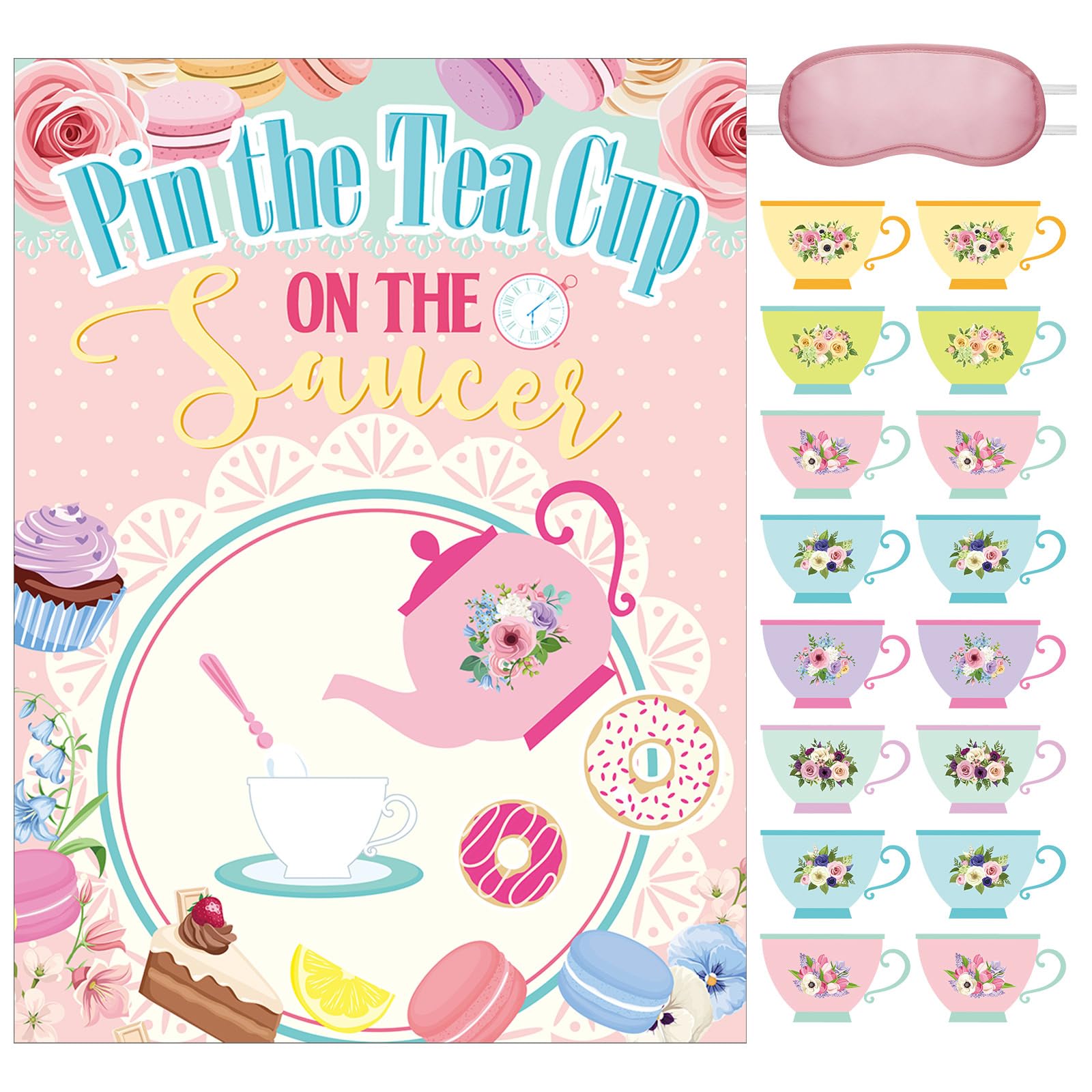 Tenceur 34 Pieces Tea Party Games Birthday Decoration for Girls Pin The Tea Cup on The Saucer for Kids Poster Stickers with Blindfold School Classroom Party Activity Supplies