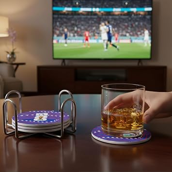 Officially Authorized FIFA World Cup 2026 Edition USA 5 pc Coaster Set & Chrome Holder Ceramic Top and Cork Bottom Durable and Perfect for Coffee Tables, Bars, and Desks