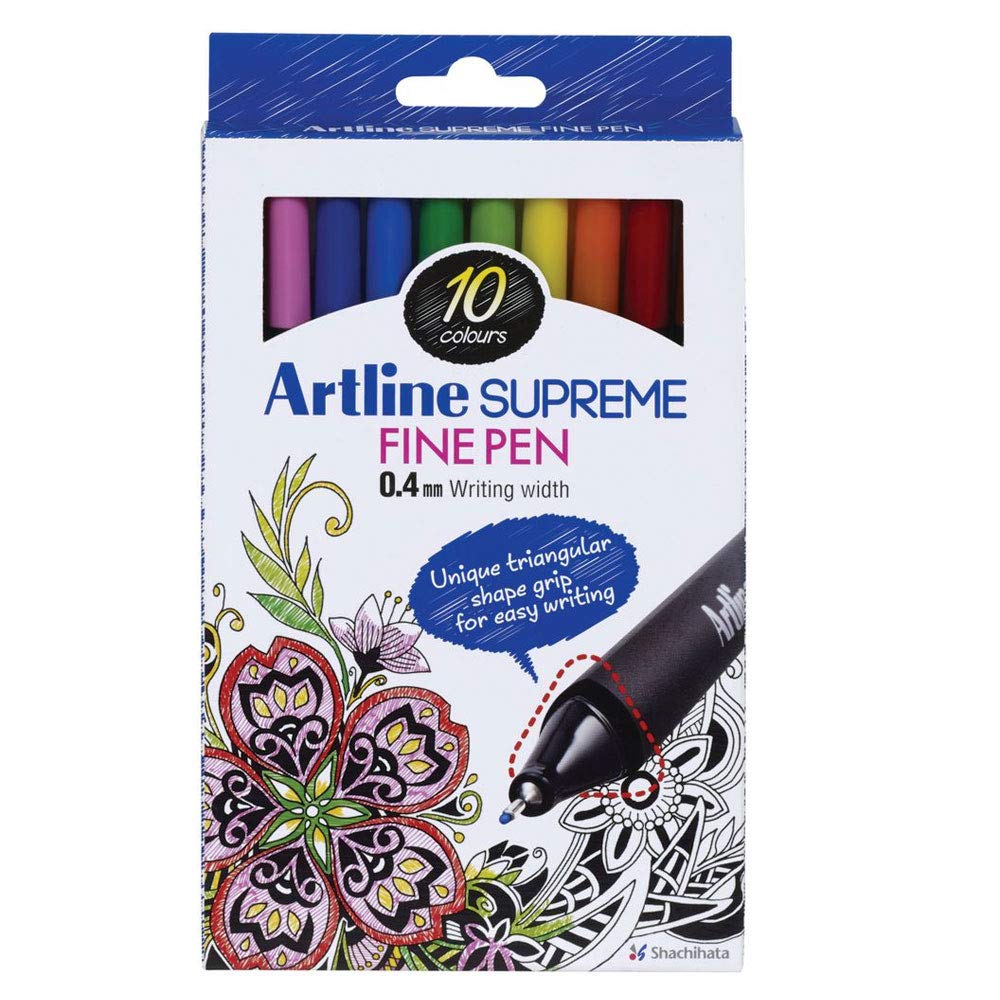 Artline Supreme Series Fine Pen | 0.4 mm Tip Size | Triangular Shape Grip For Easy Writing | Smudge Free, Smooth Writing Pen | Ideal For Sketching, Doodling, Anime, Journal | Set Of 10 Vivid Colors