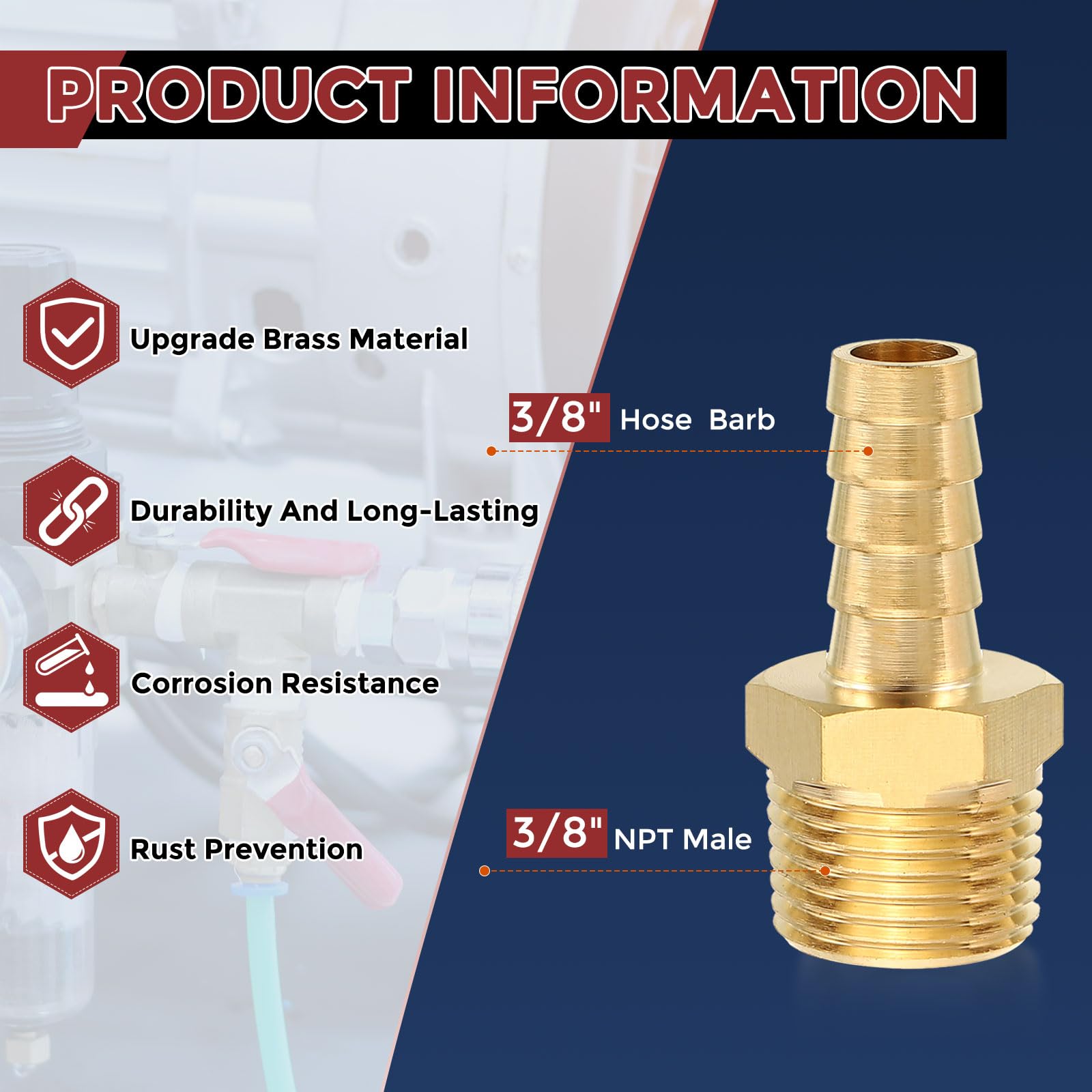Kozelo Pack of 4 Brass Hose Barb Fittings 3/8" Hose Barb to 3/8" NPT Male Fittings, 3/8" Barb To 3/8" NPT Male - Image 2