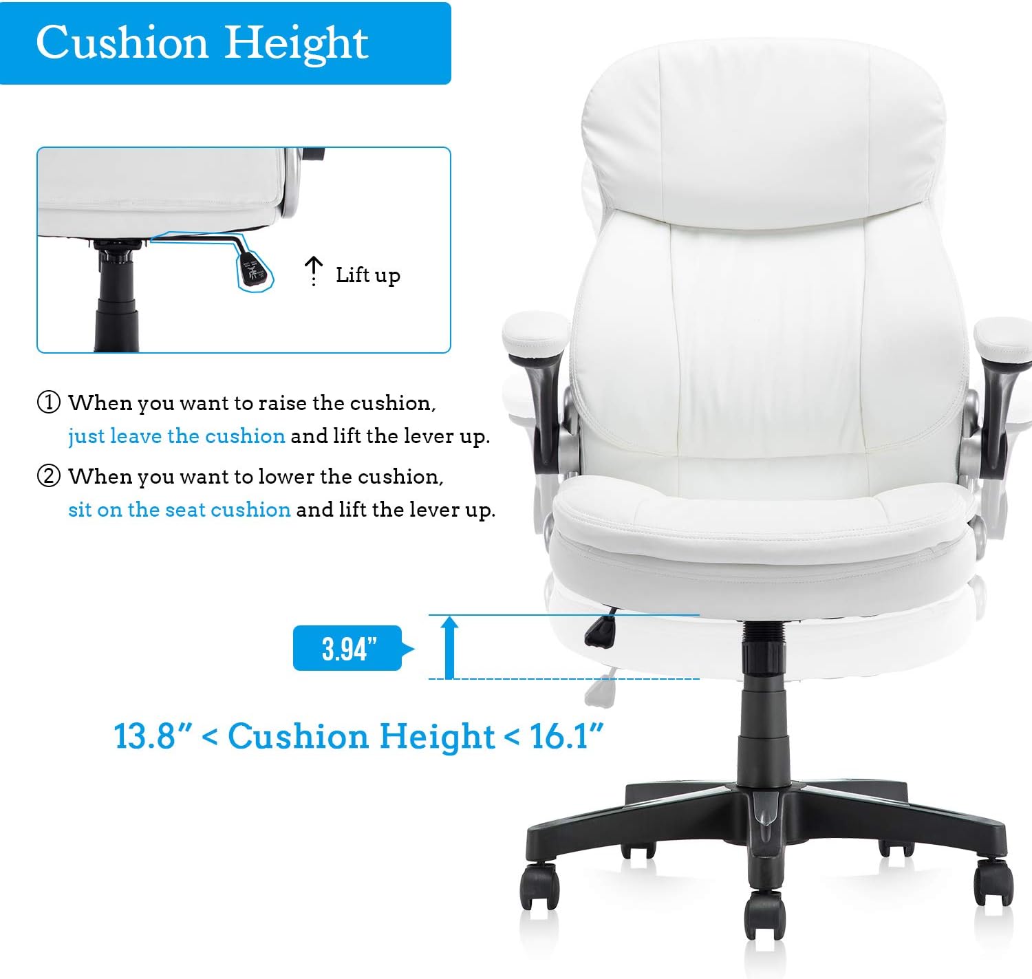 KERMS High Back PU Leather Executive Office Chair, Adjustable Recline Locking Flip-up Arms Computer Desk Chair, Thick Padding and Ergonomic Design for Lumbar Support White