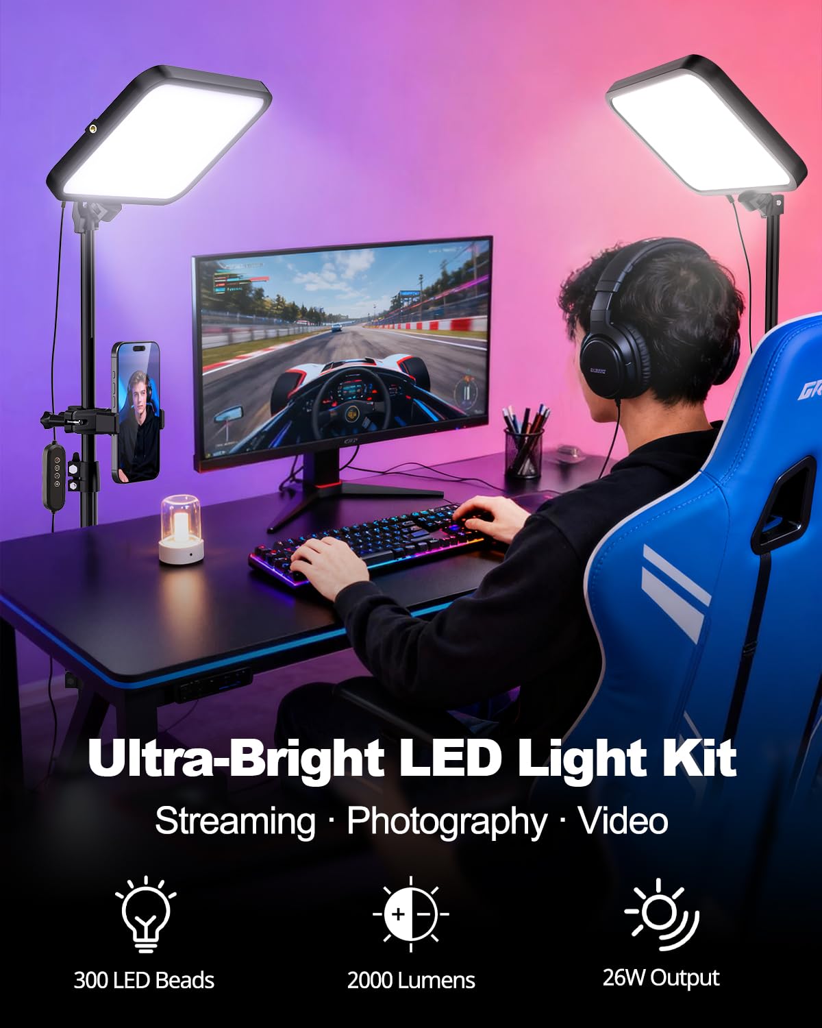 UBeesize - Kit de iluminación de vídeo LED 3000-6500 K Regulable con trípode y Soporte para teléfono, grabación de vídeo e iluminación en Streaming para Maquillaje, Juegos, Youtube